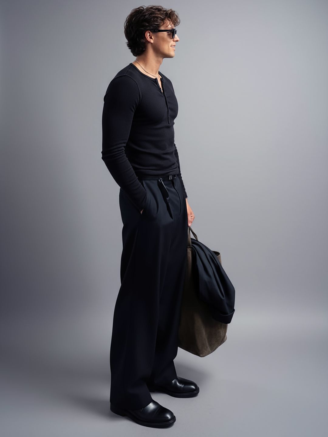 Black Ribbed Henley Long Sleeve T-Shirt