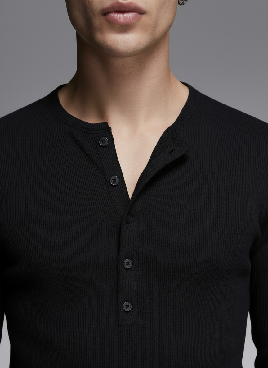 Black Ribbed Henley Long Sleeve T-Shirt