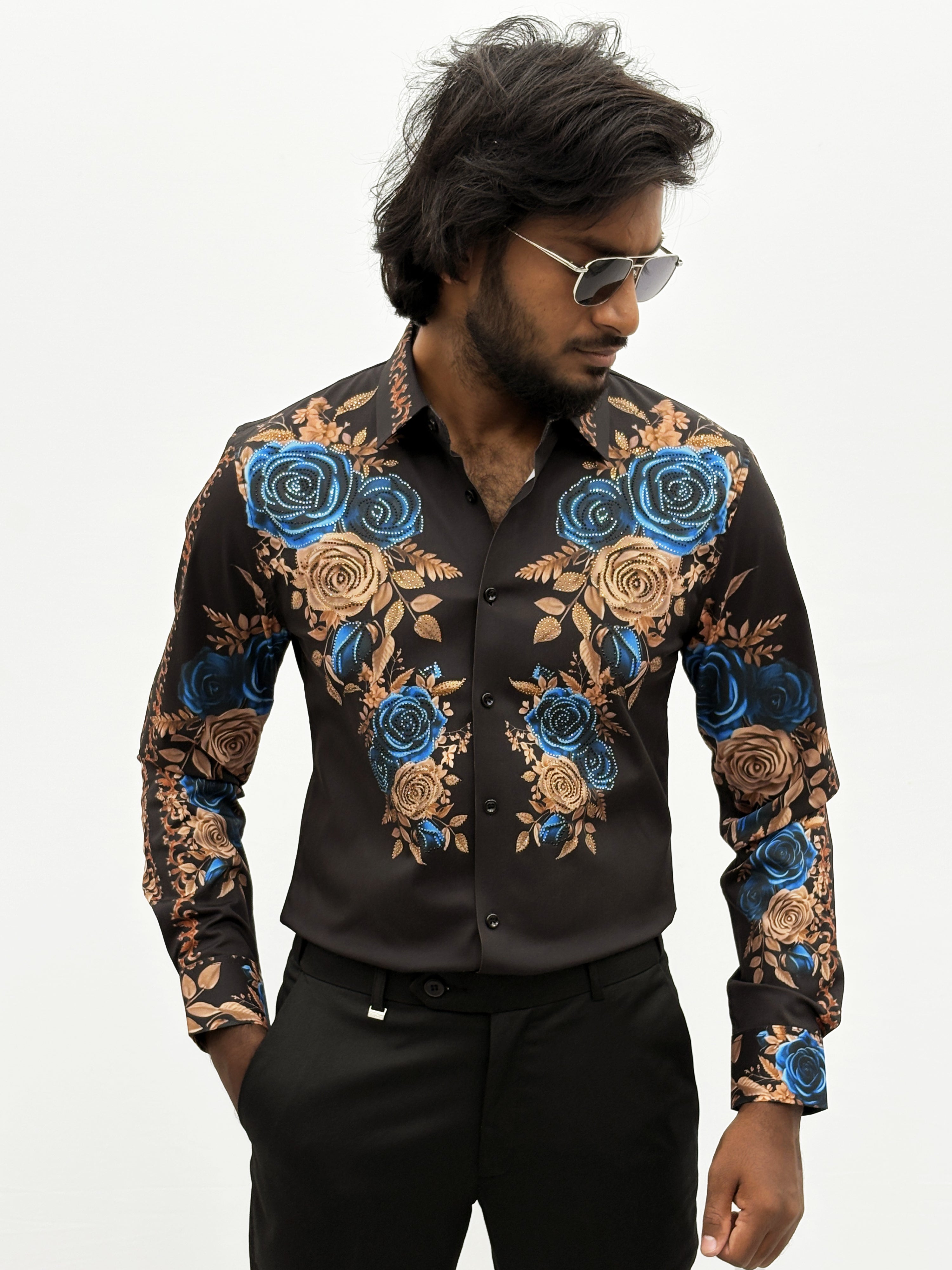 Black Blue IMP Stone Work Designer Shirt