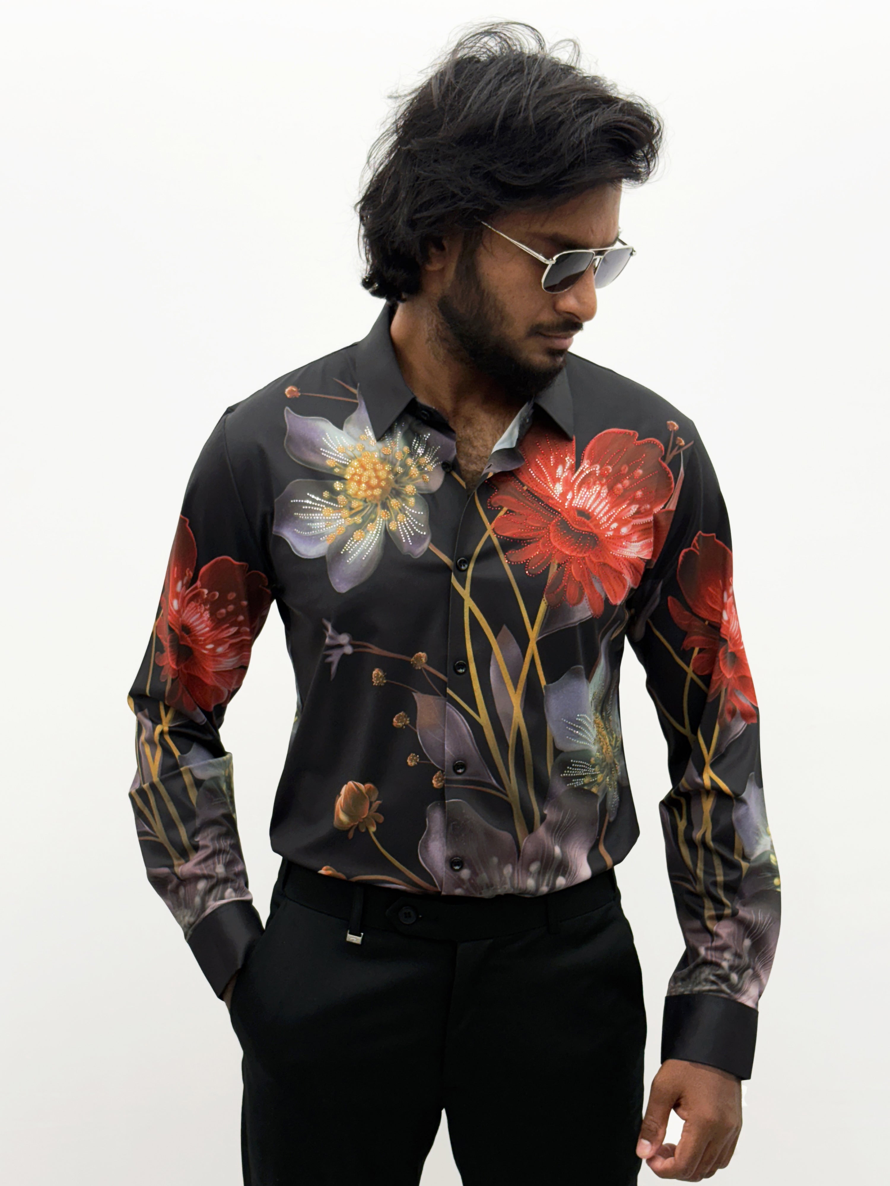 Black Red IMP Stone Work Designer Shirt