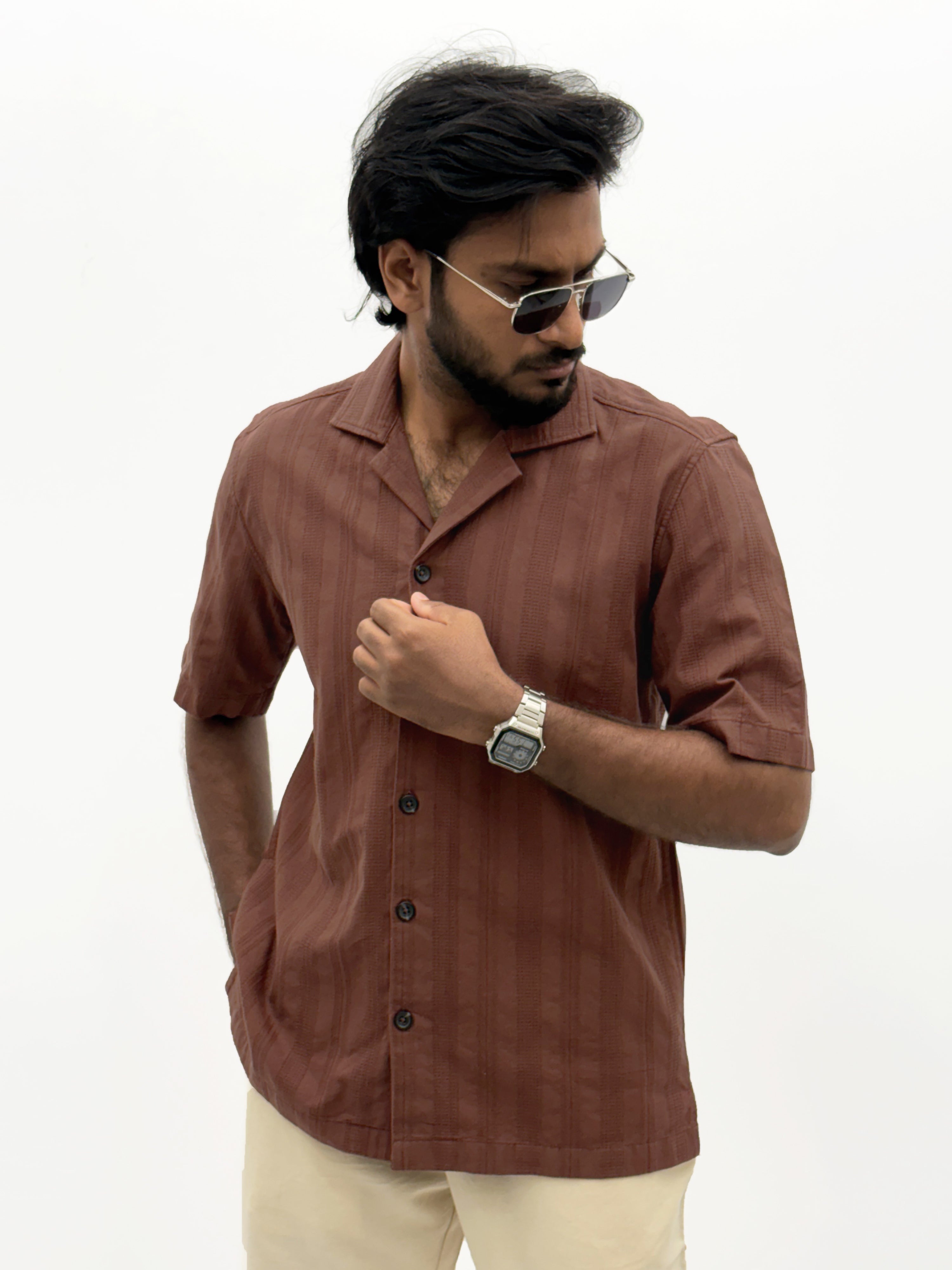 Brown Half Sleeve Textured Shirt