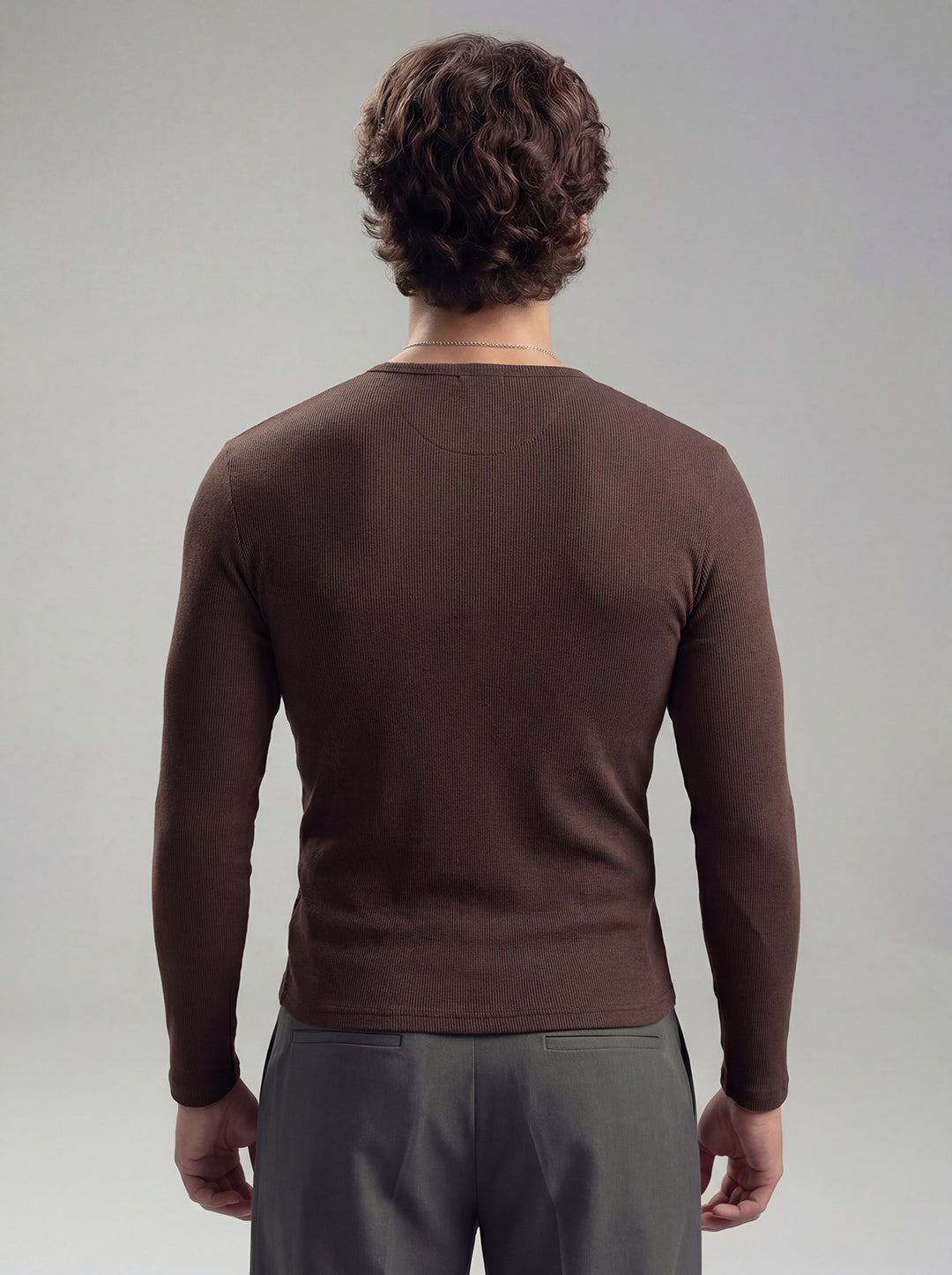 Coffee Ribbed Henley Long Sleeve T-Shirt