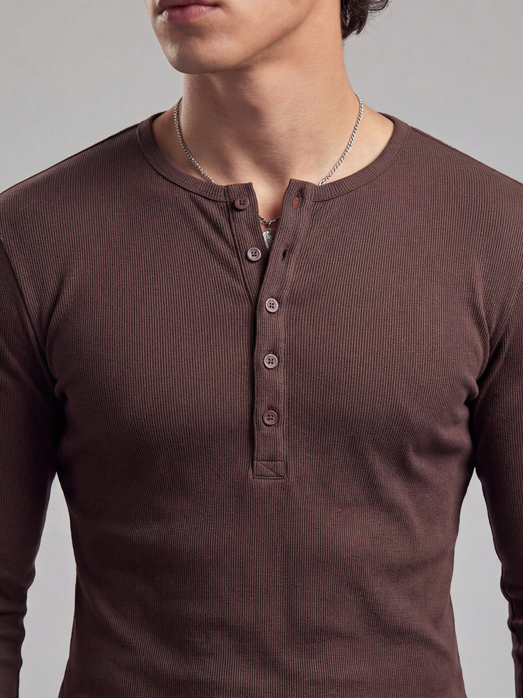 Coffee Ribbed Henley Long Sleeve T-Shirt