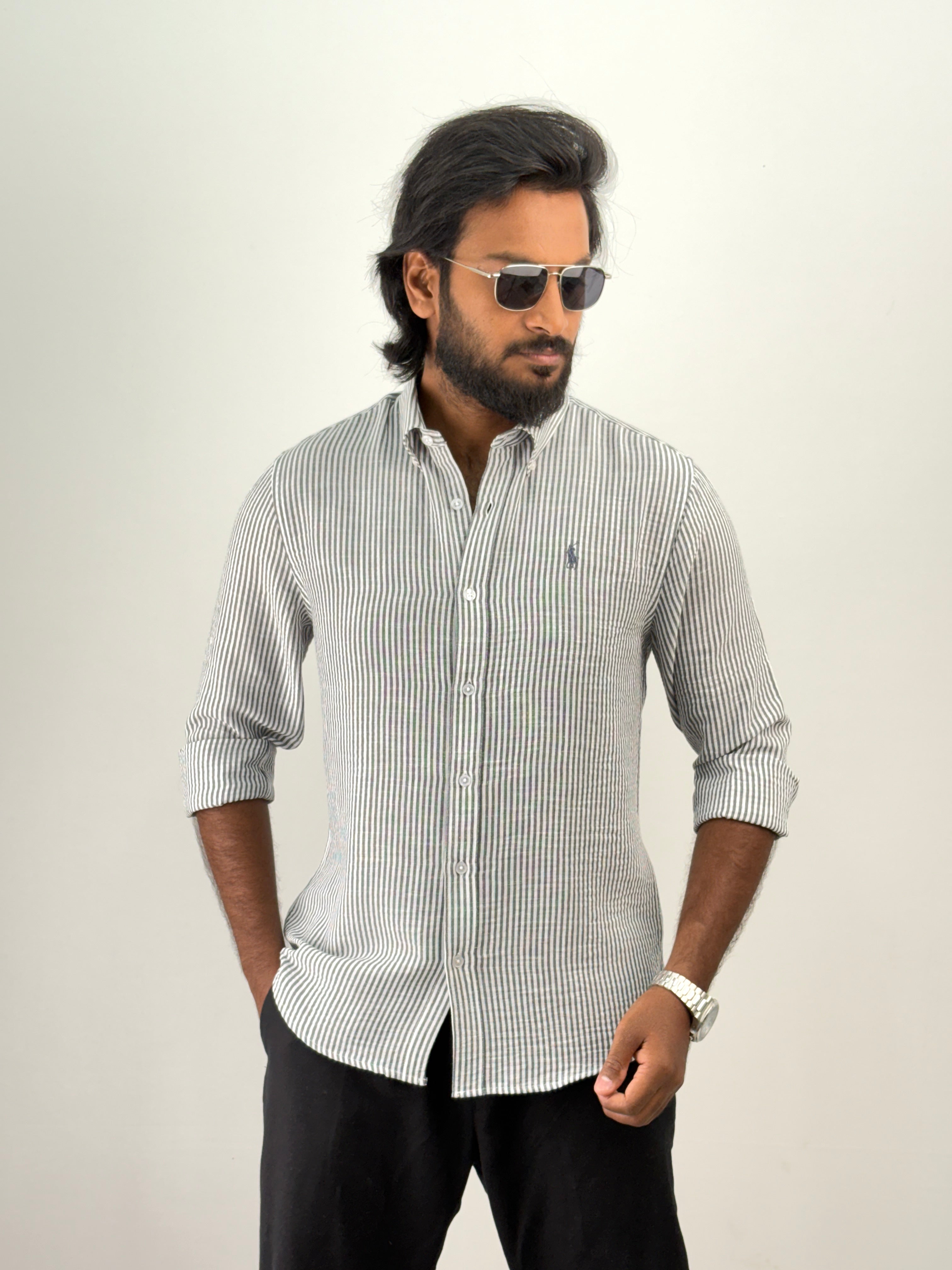 Dark Grey Linen Stripe Shirt