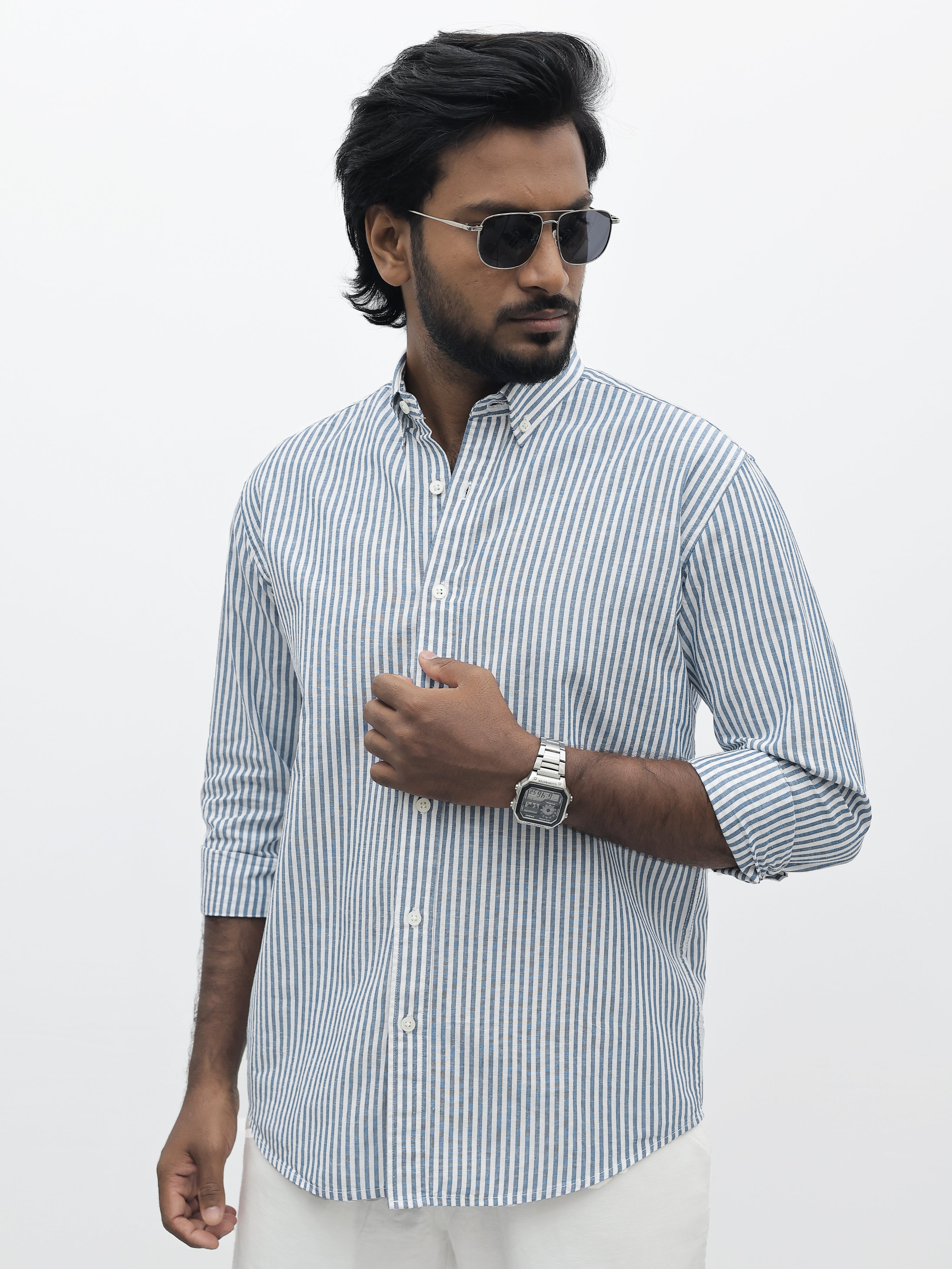 Dark Blue Linen Stripe Shirt