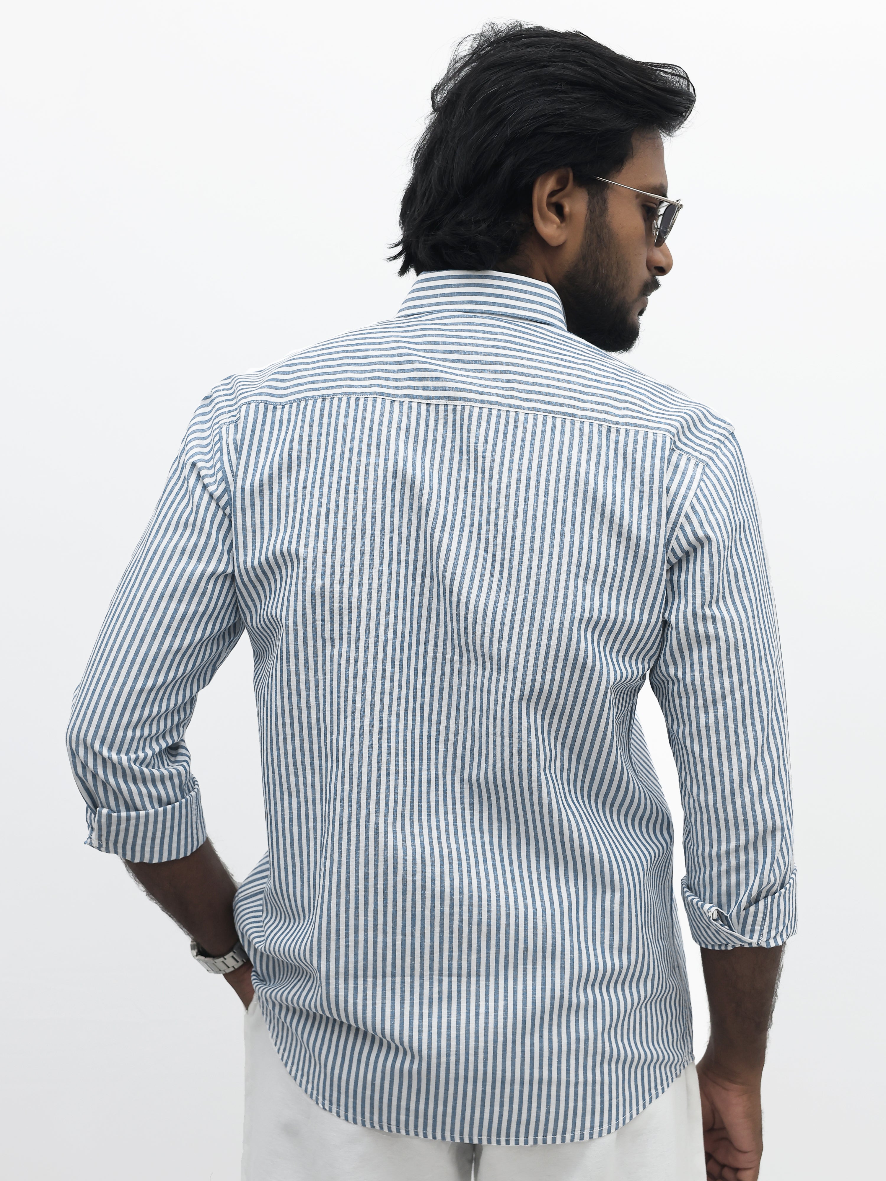 Dark Blue Linen Stripe Shirt