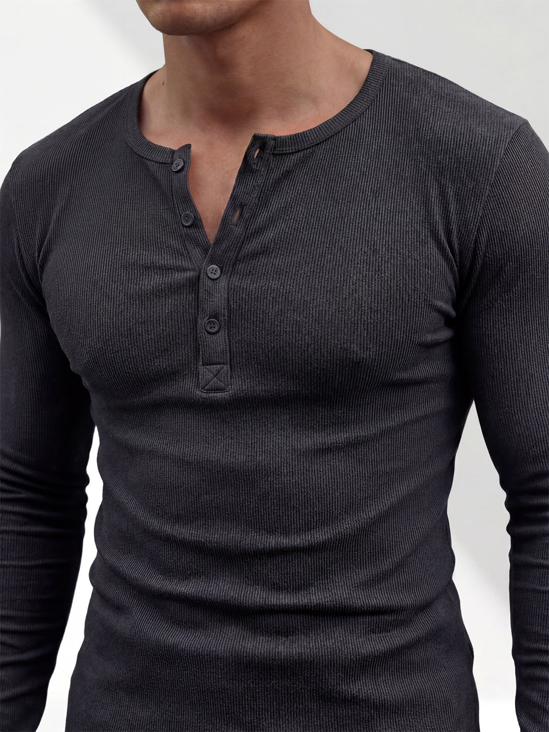 Charcoal Ribbed Henley Long Sleeve T-Shirt