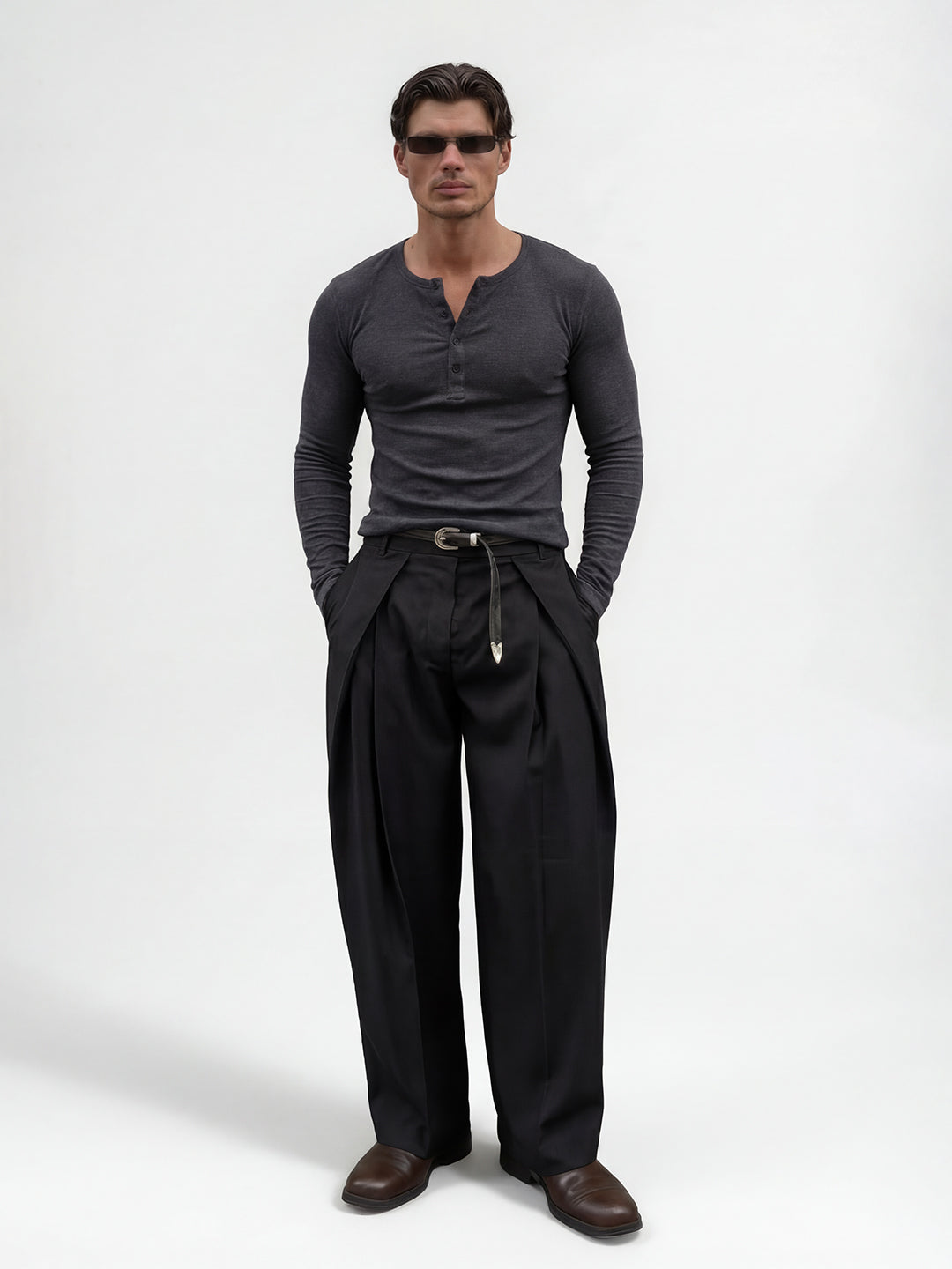 Charcoal Ribbed Henley Long Sleeve T-Shirt
