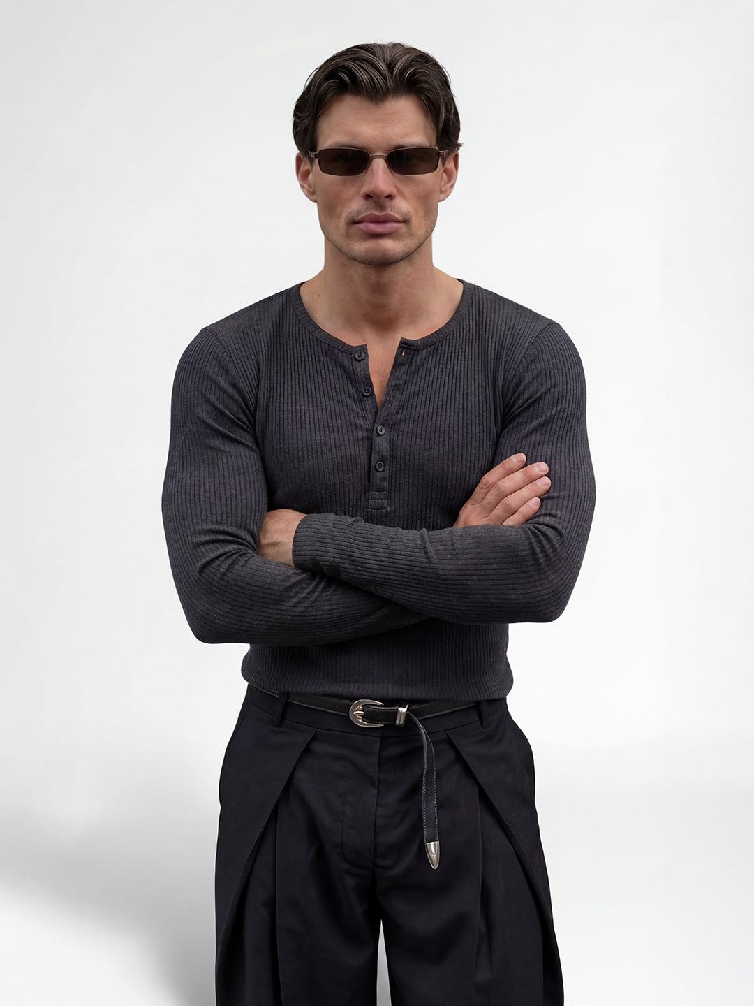 Charcoal Ribbed Henley Long Sleeve T-Shirt