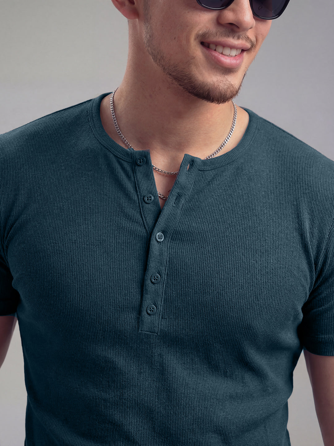 Denim Blue Ribbed Henley Short Sleeves T-Shirt