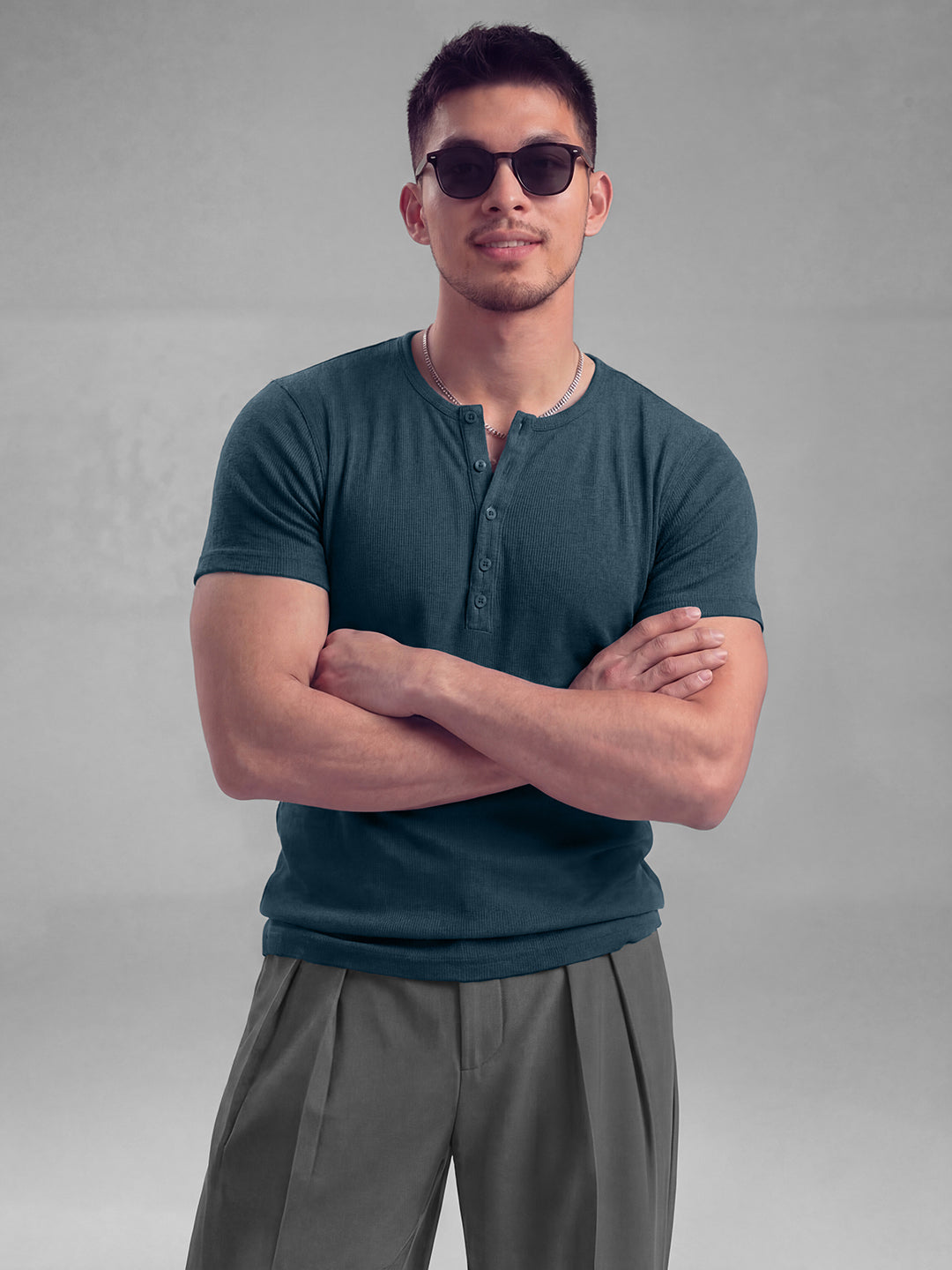 Denim Blue Ribbed Henley Short Sleeves T-Shirt