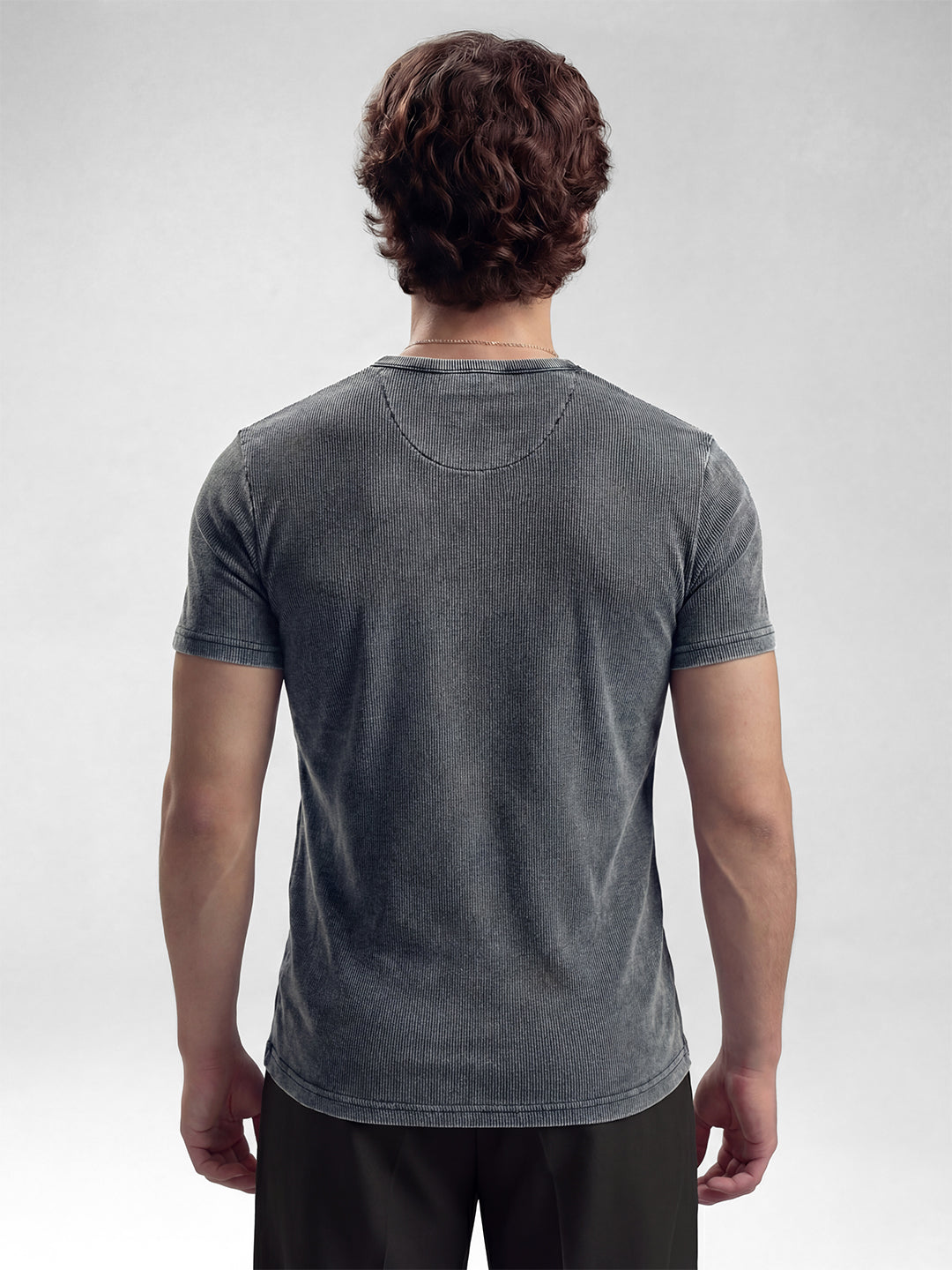 Acid Washed Ribbed Henley Short Sleeves T-Shirt