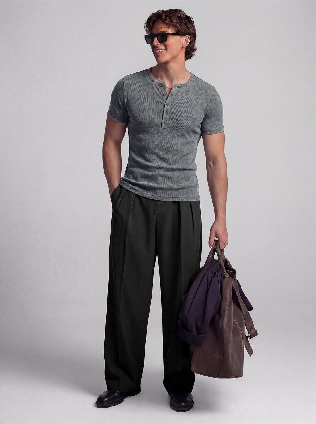 Acid Washed Ribbed Henley Short Sleeves T-Shirt