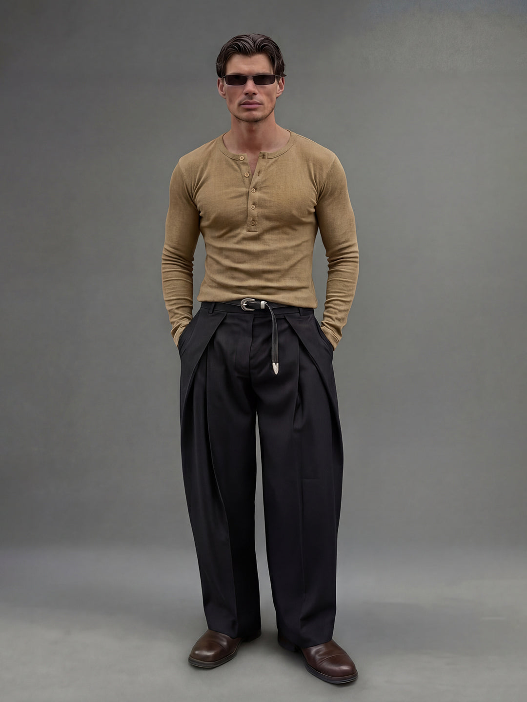 Beige Ribbed Henley Long Sleeve T-Shirt