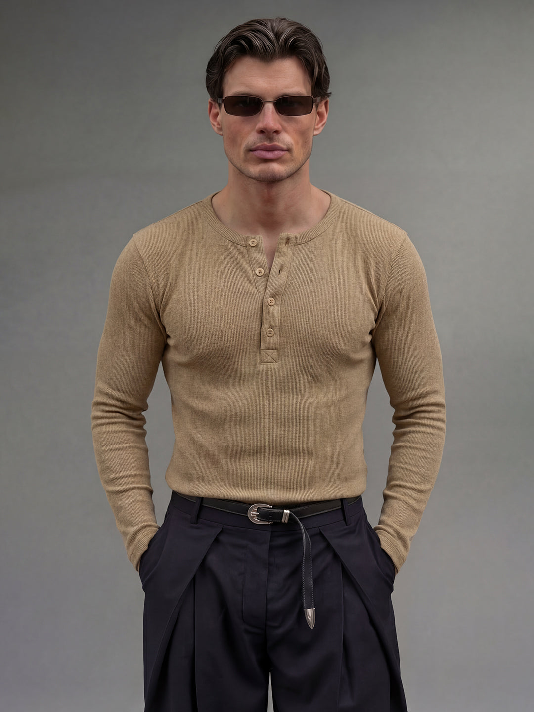 Beige Ribbed Henley Long Sleeve T-Shirt