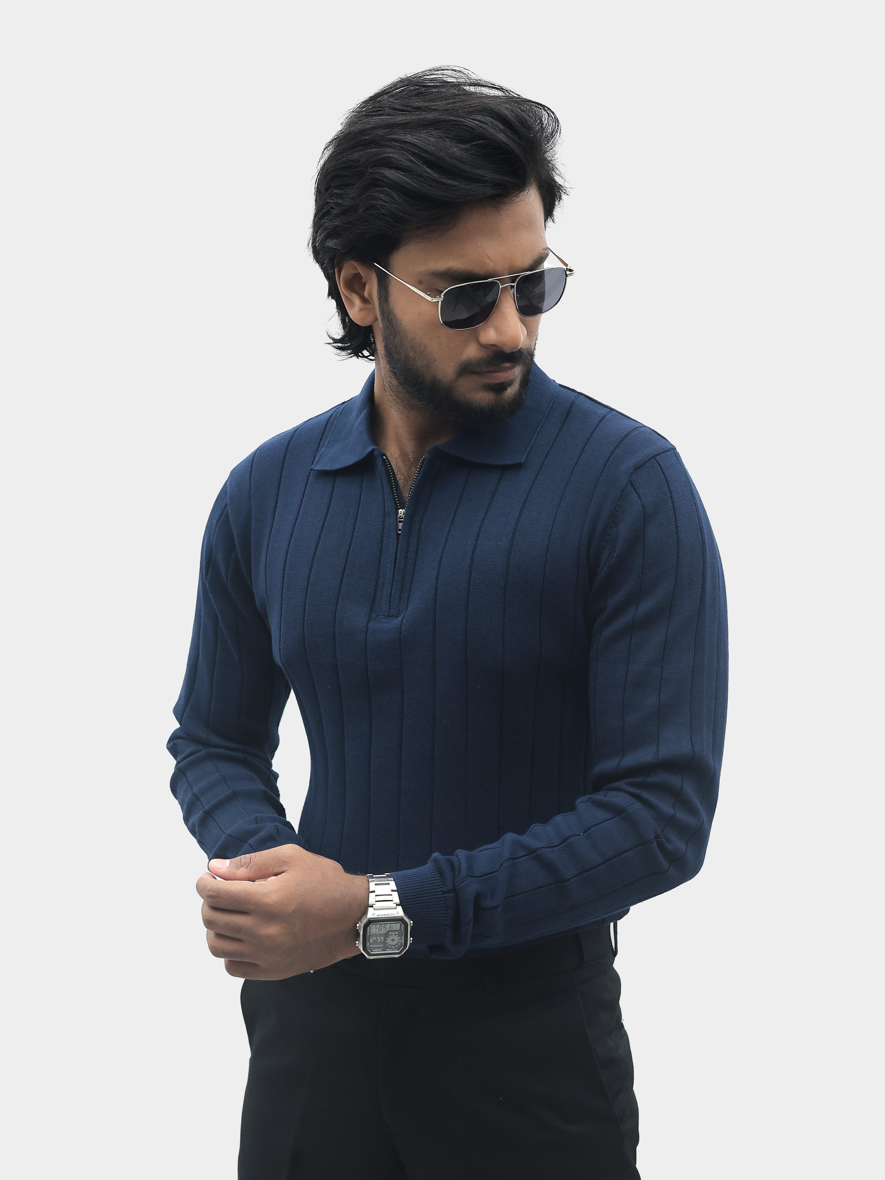 Navy Zipper Polo T-Shirt