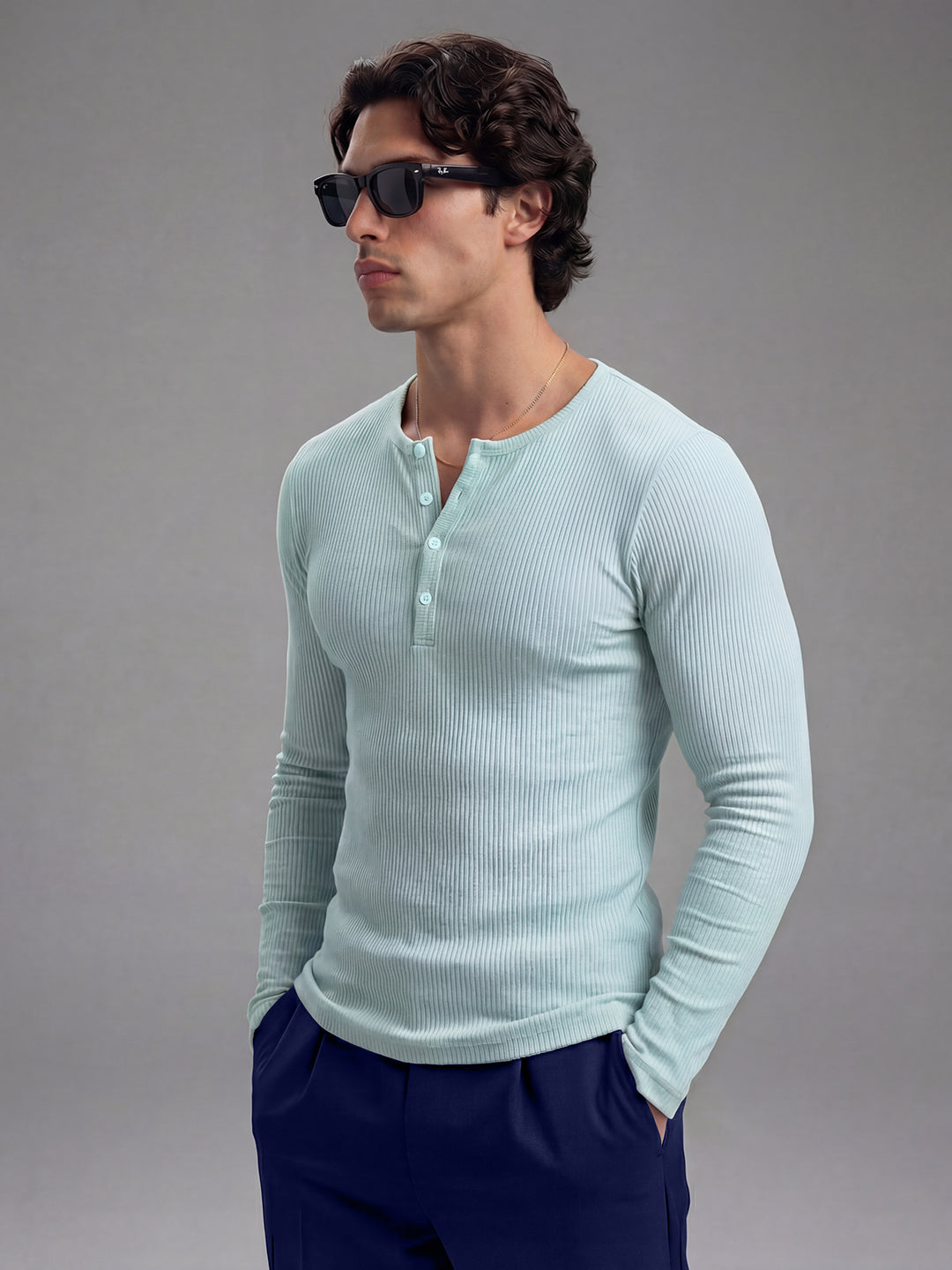 Pastel Mint Ribbed Henley Long Sleeve T-Shirt