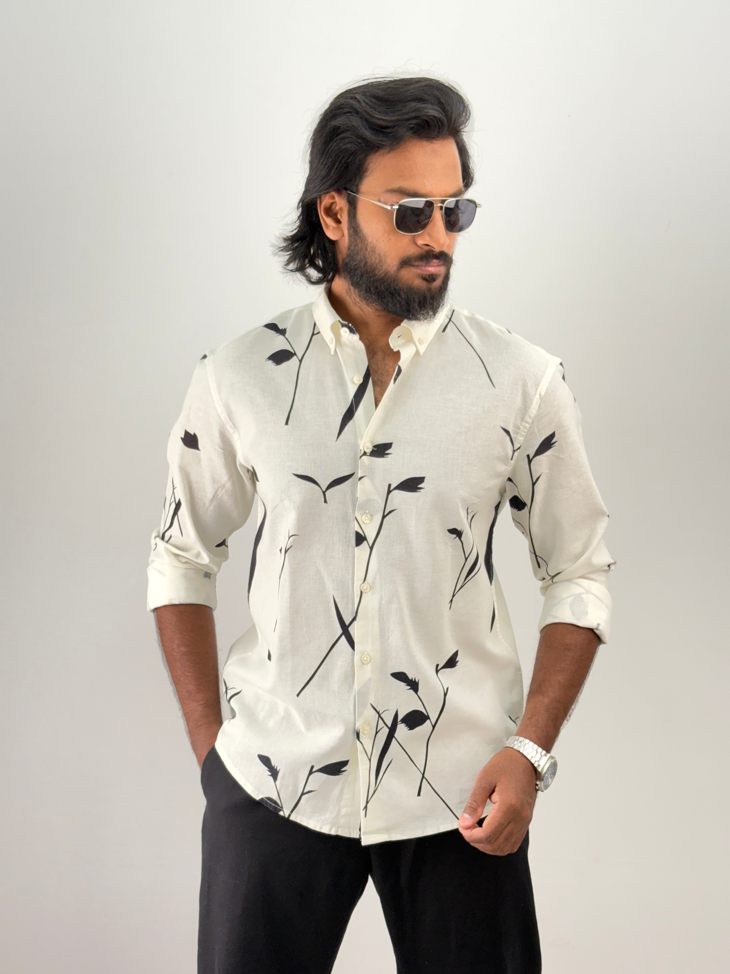 Off White Linen Printed Shirt