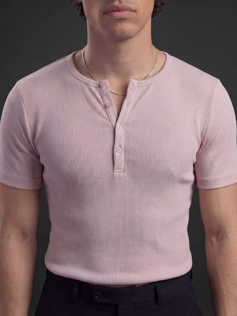 Peach Ribbed Henley Short Sleeves T-Shirt