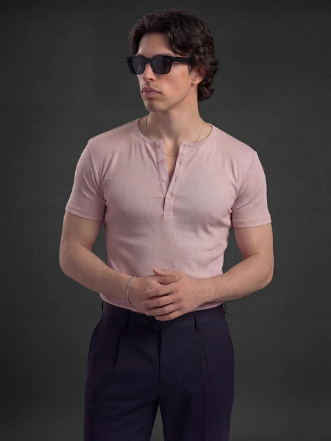 Peach Ribbed Henley Short Sleeves T-Shirt