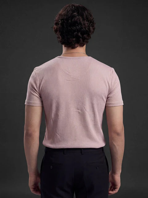 Peach Ribbed Henley Short Sleeves T-Shirt