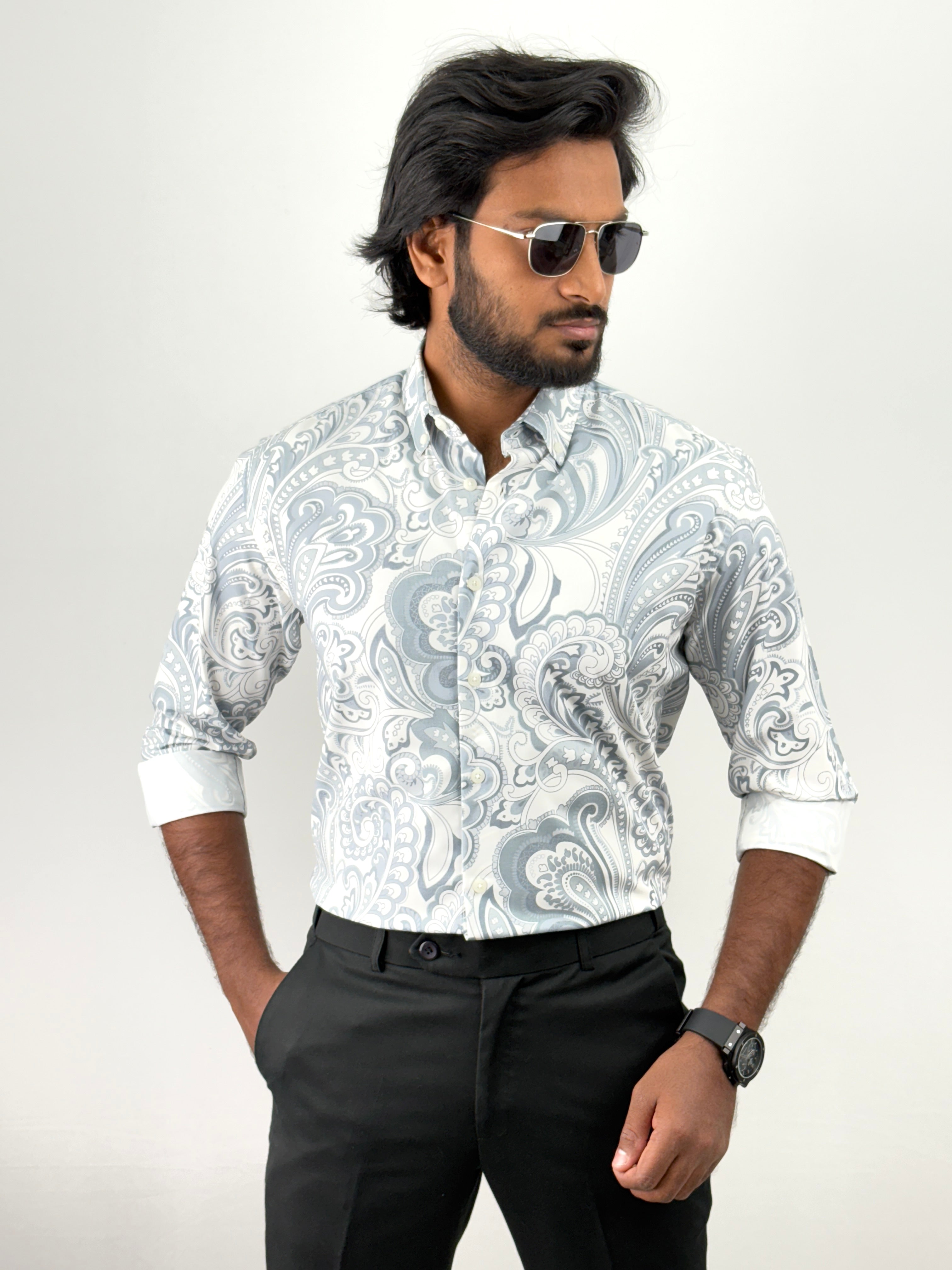 White Blue Retro Printed Shirt