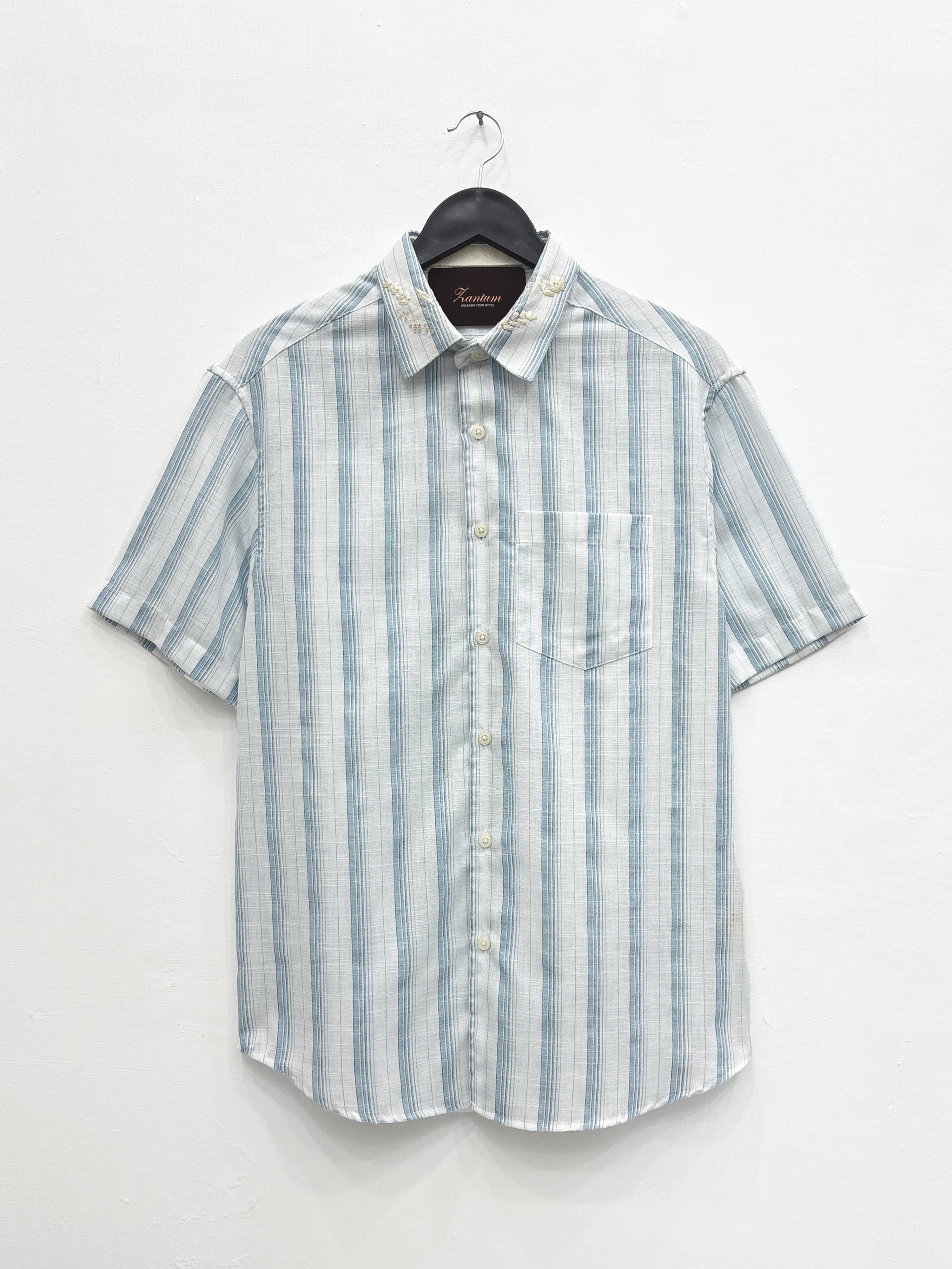 White Blue Half Linen Stripe Neck Embroidery Shirt
