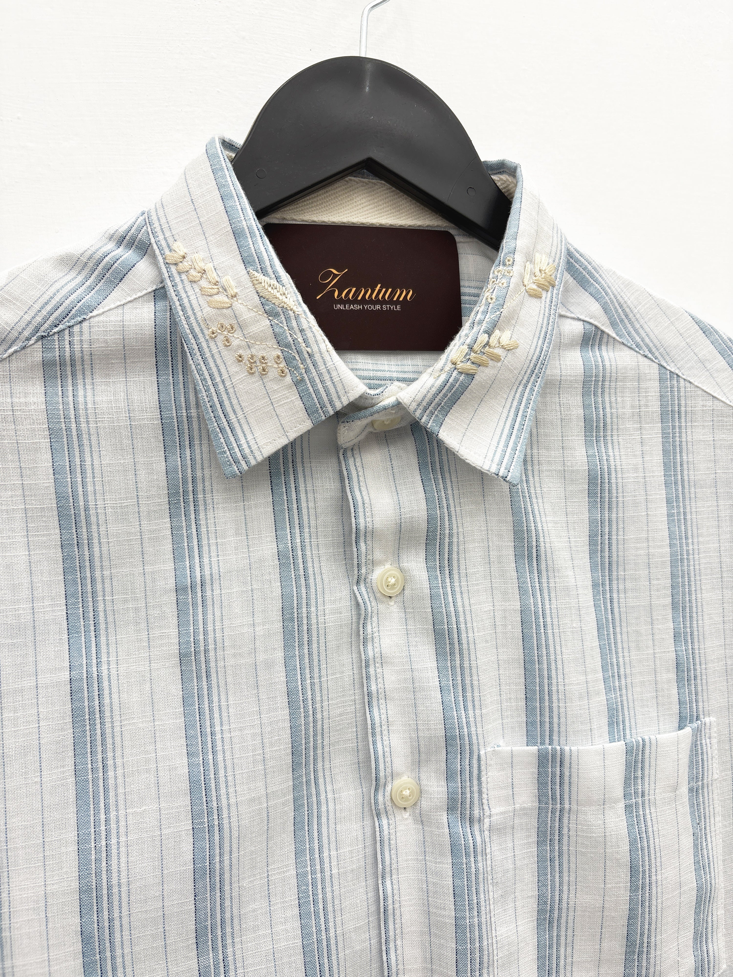 White Blue Half Linen Stripe Neck Embroidery Shirt