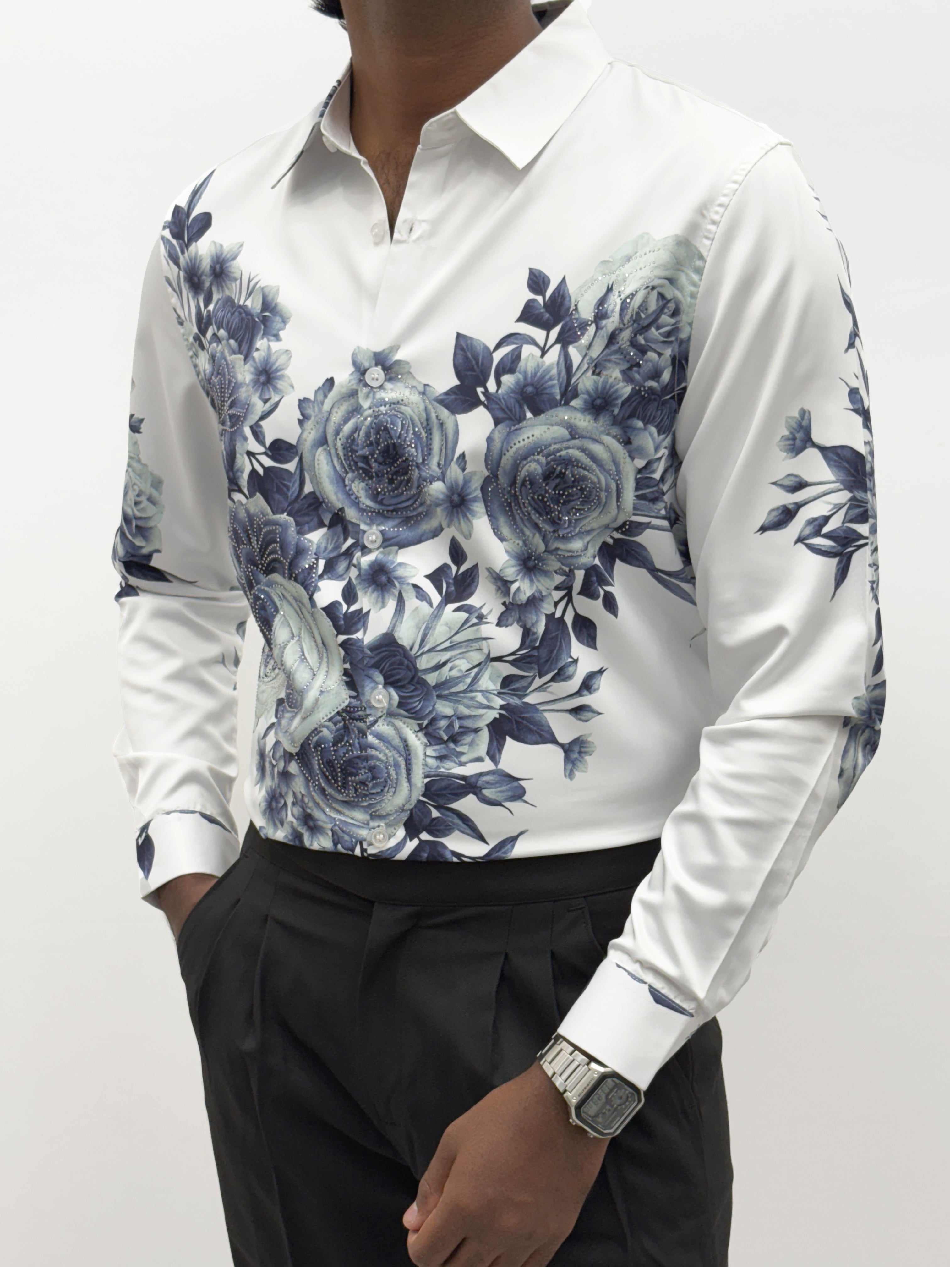 White Floral IMP Designer Stone Work Shirt