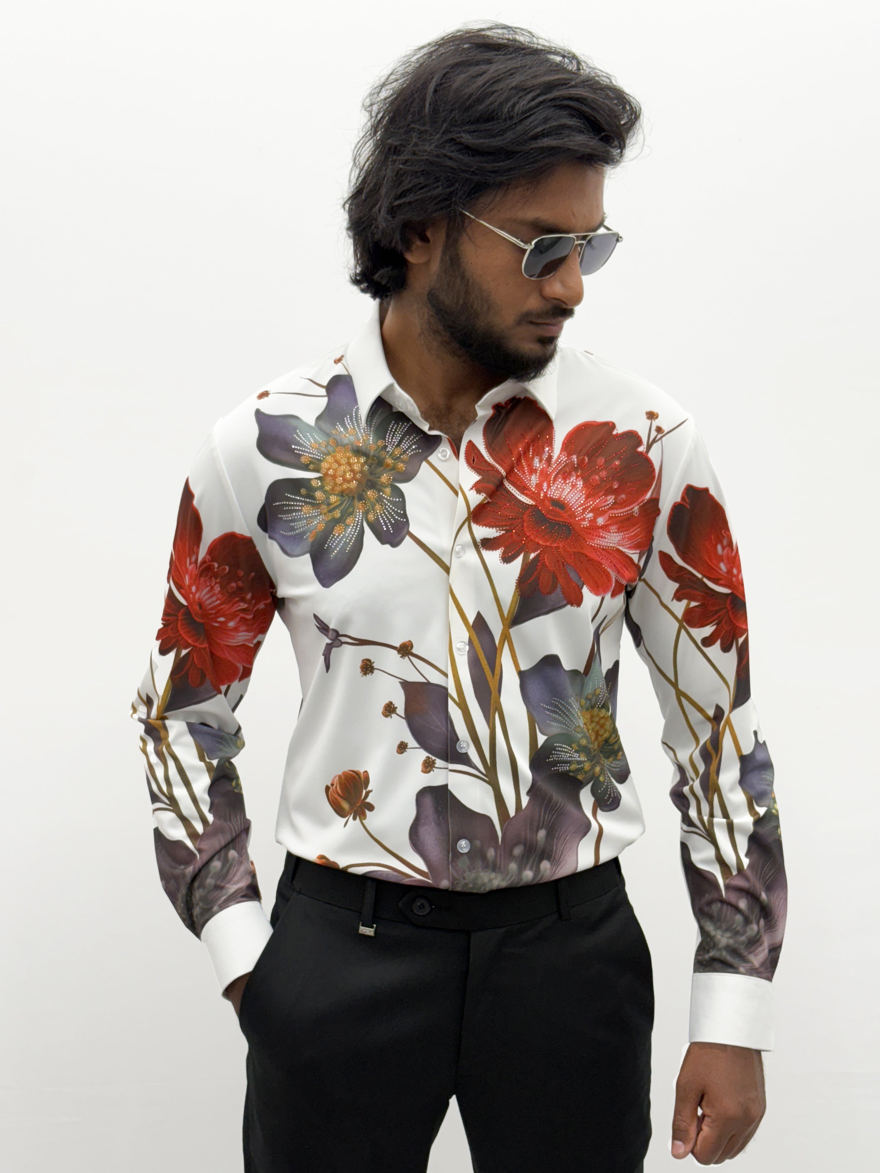 White Red IMP Stone Work Designer Shirt