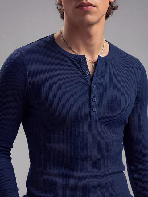 Royal Blue Ribbed Henley Long Sleeve T-Shirt