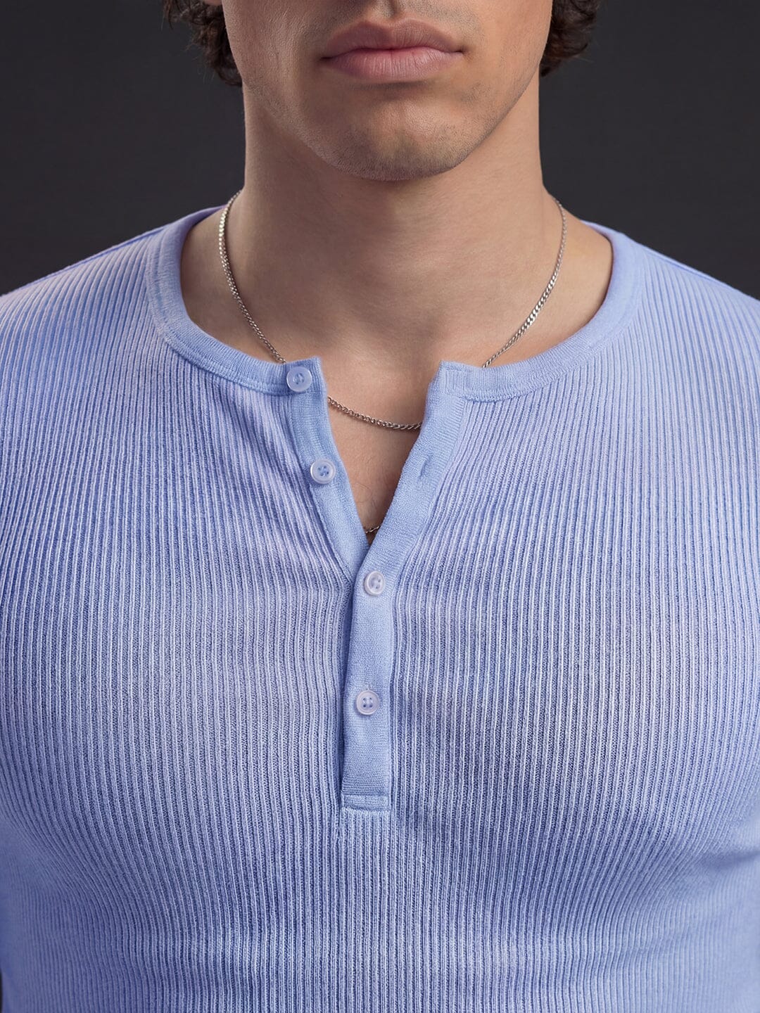 Sky Blue Ribbed Henley Long Sleeve T-Shirt