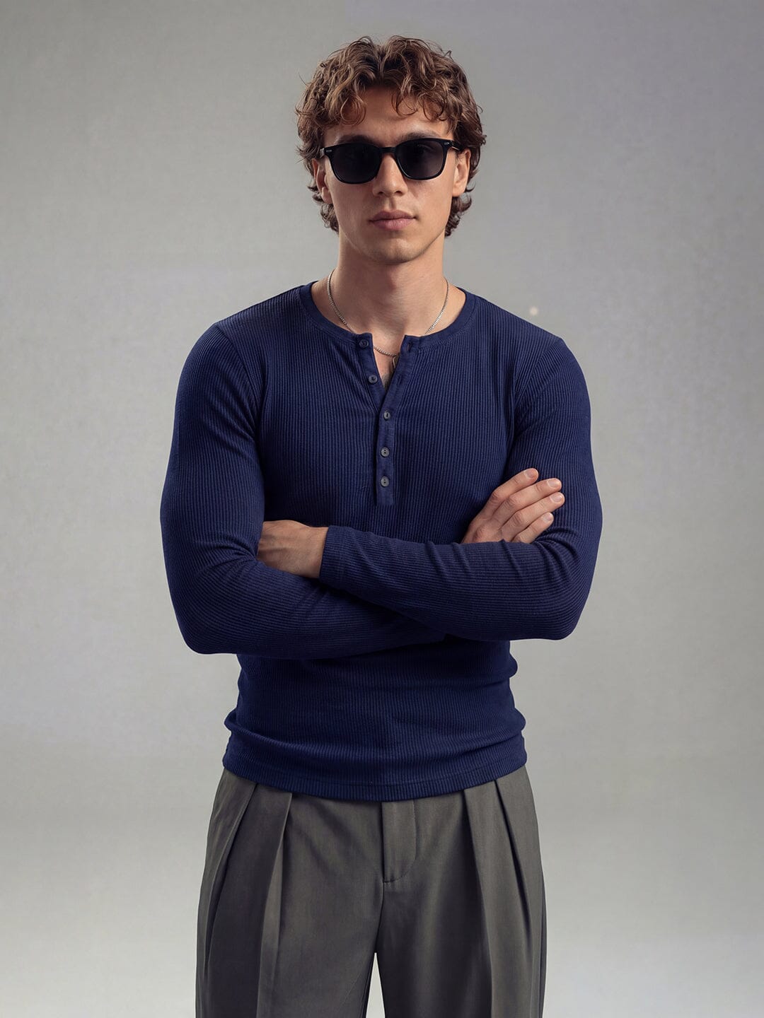 Royal Blue Ribbed Henley Long Sleeve T-Shirt