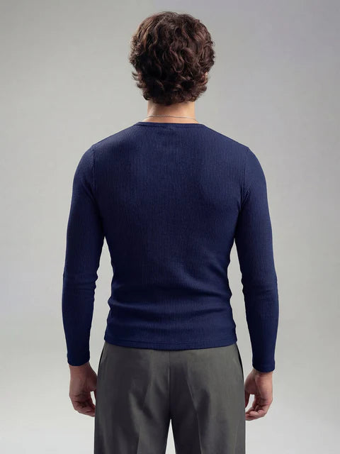 Royal Blue Ribbed Henley Long Sleeve T-Shirt