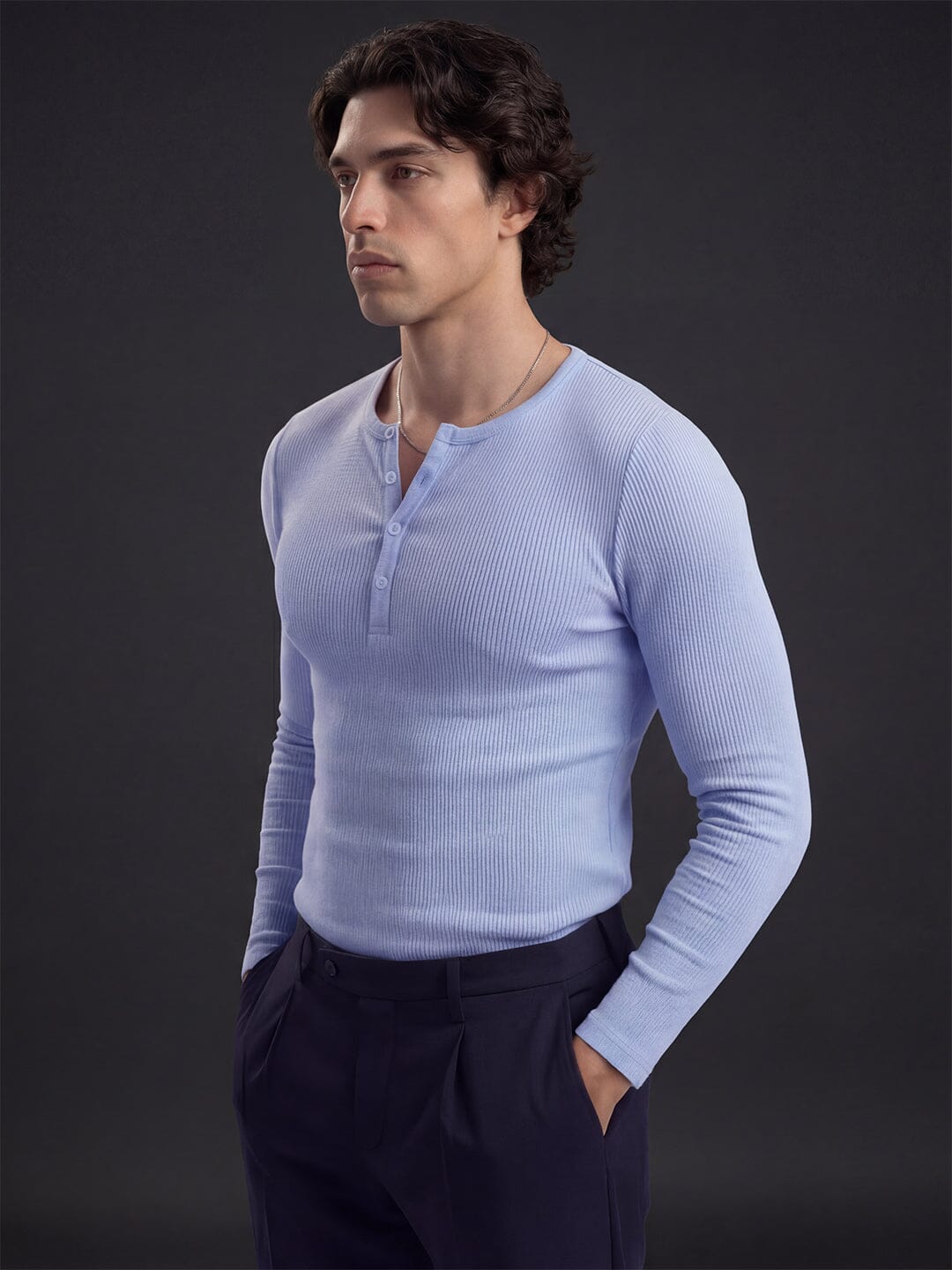 Sky Blue Ribbed Henley Long Sleeve T-Shirt
