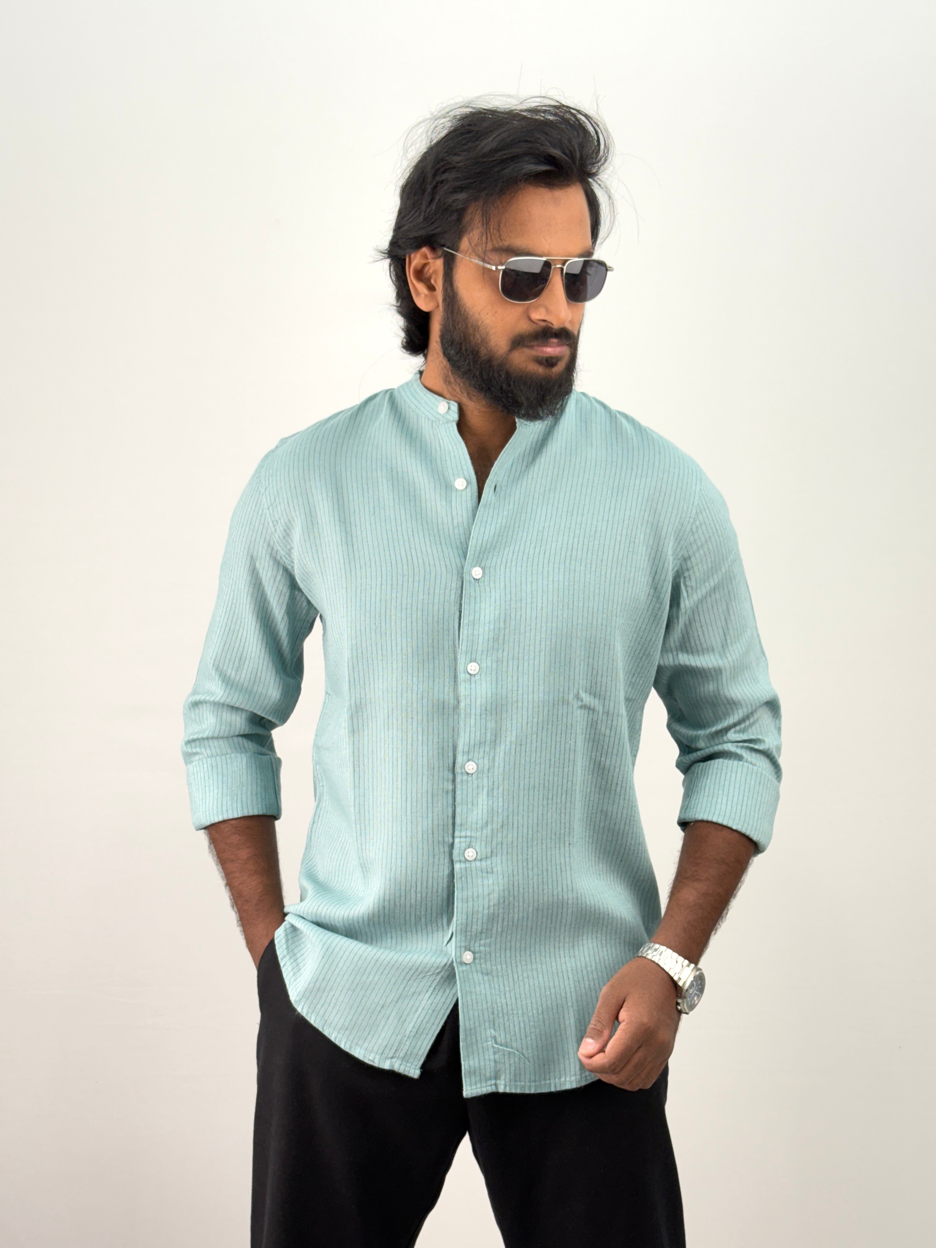Aqua Mandarin Linen Stripe Shirt