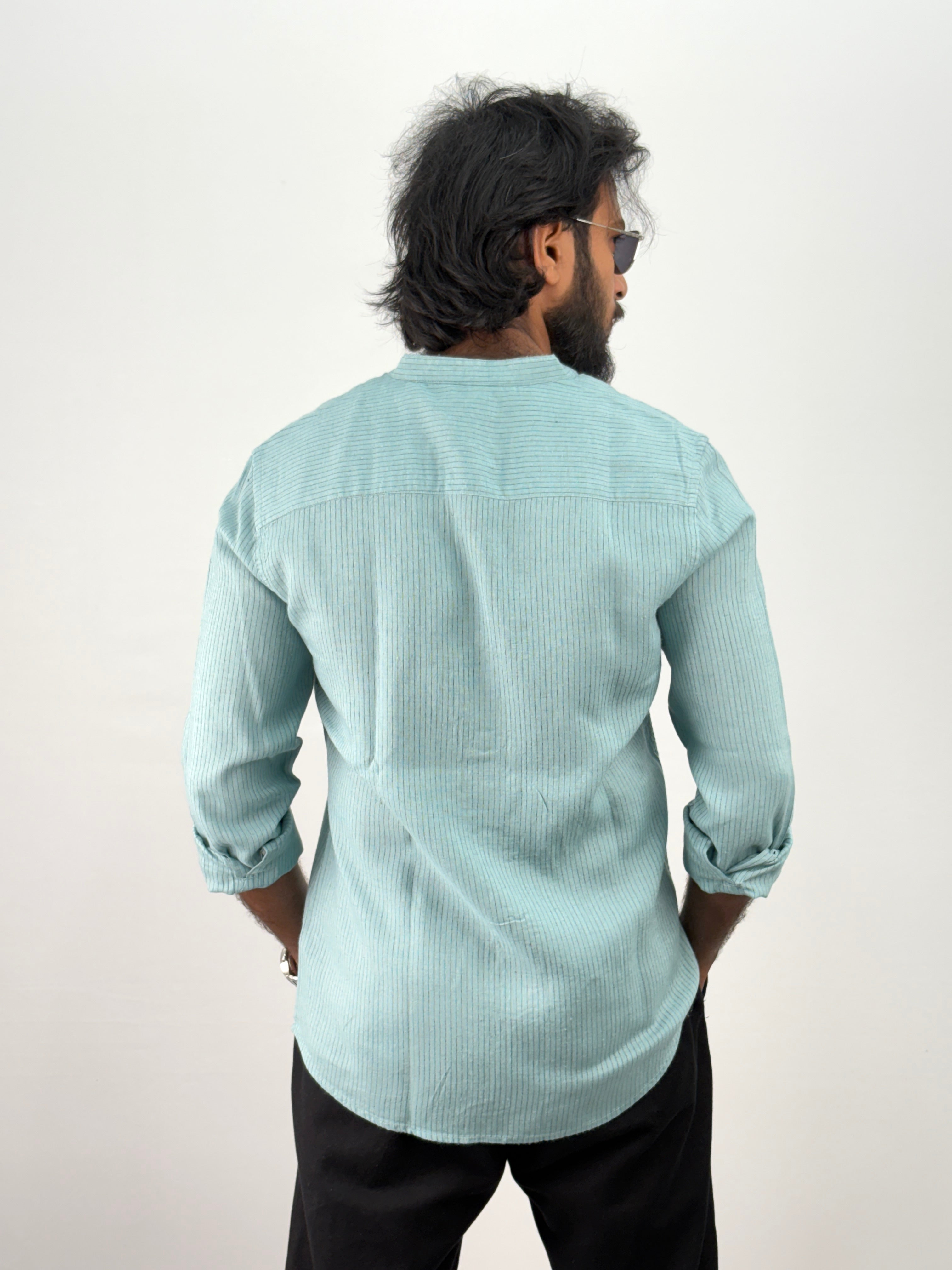 Aqua Mandarin Linen Stripe Shirt