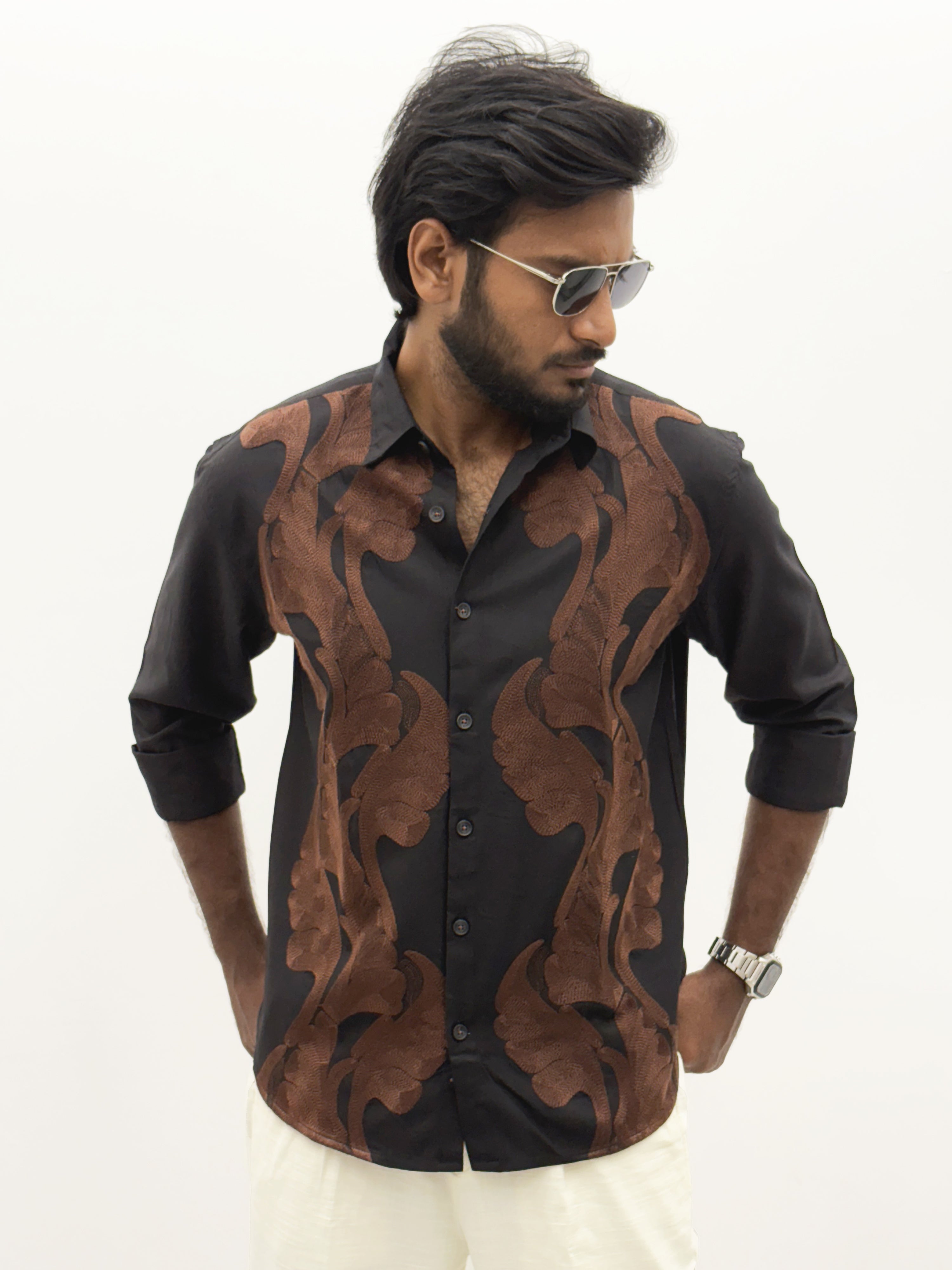 Black Linen Embroidery Shirt