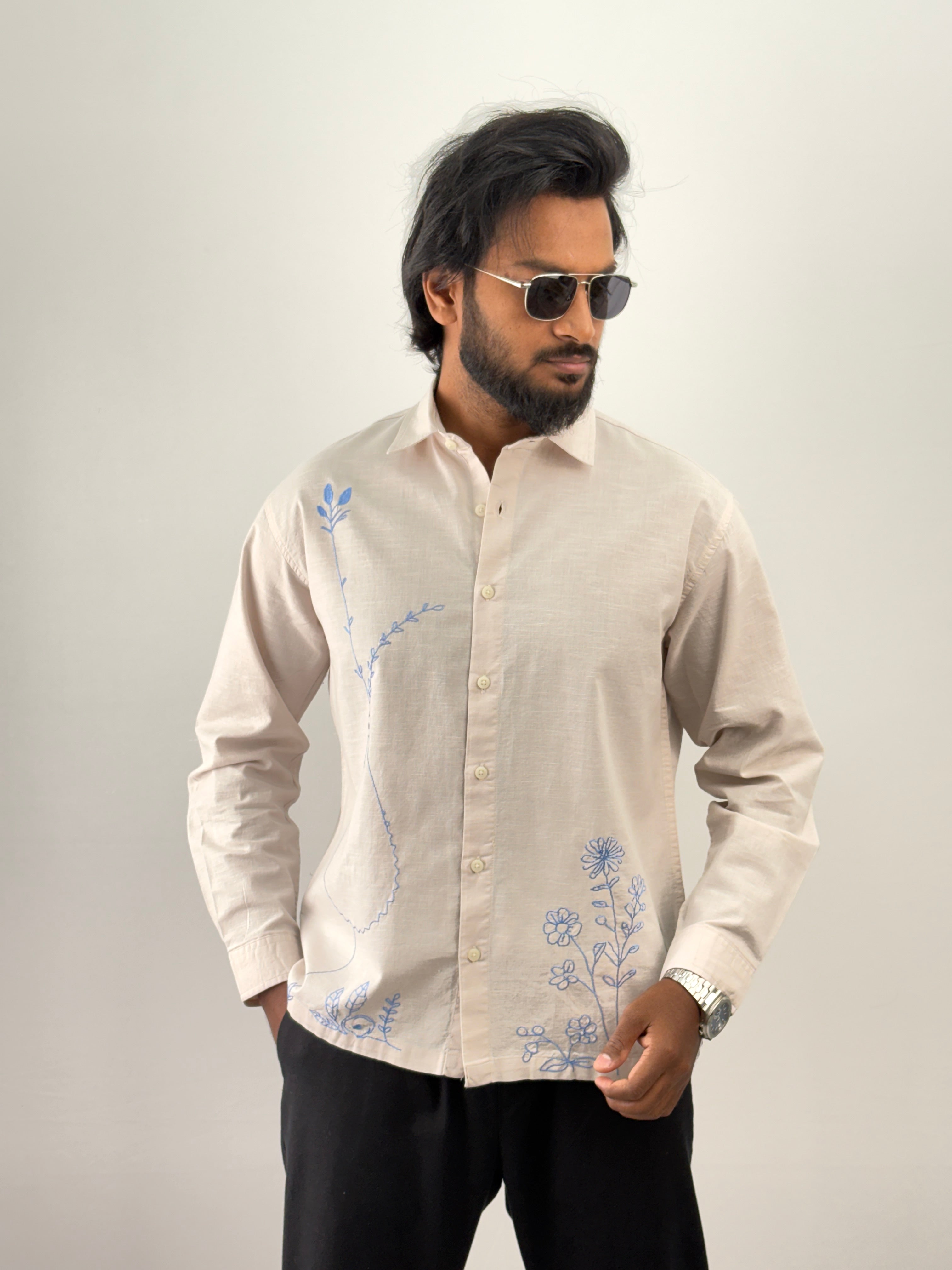 Beige Linen Embroidery Shirt
