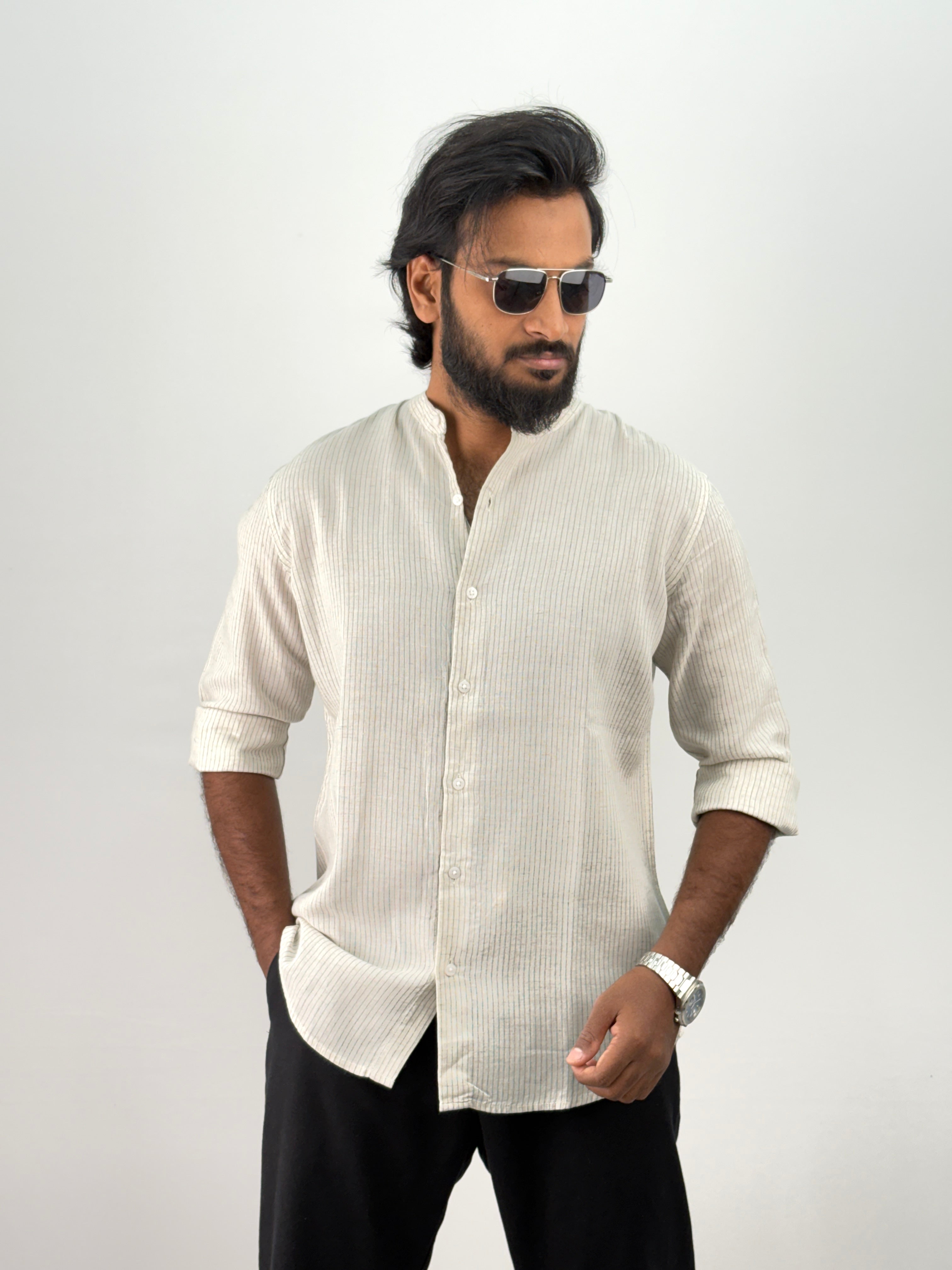 Beige Mandarin Linen Stripe Shirt