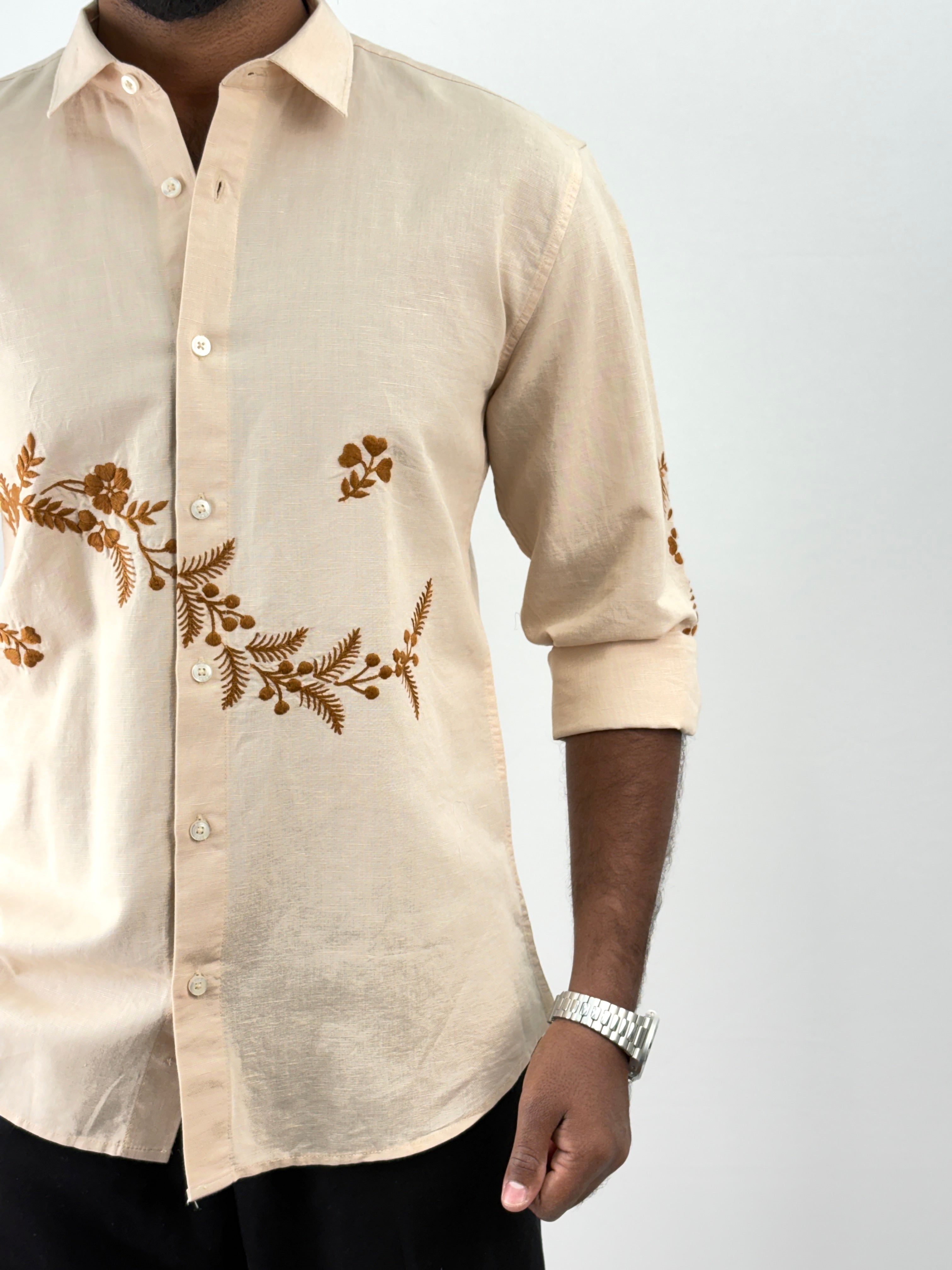 Beige Linen Embroidery Shirt
