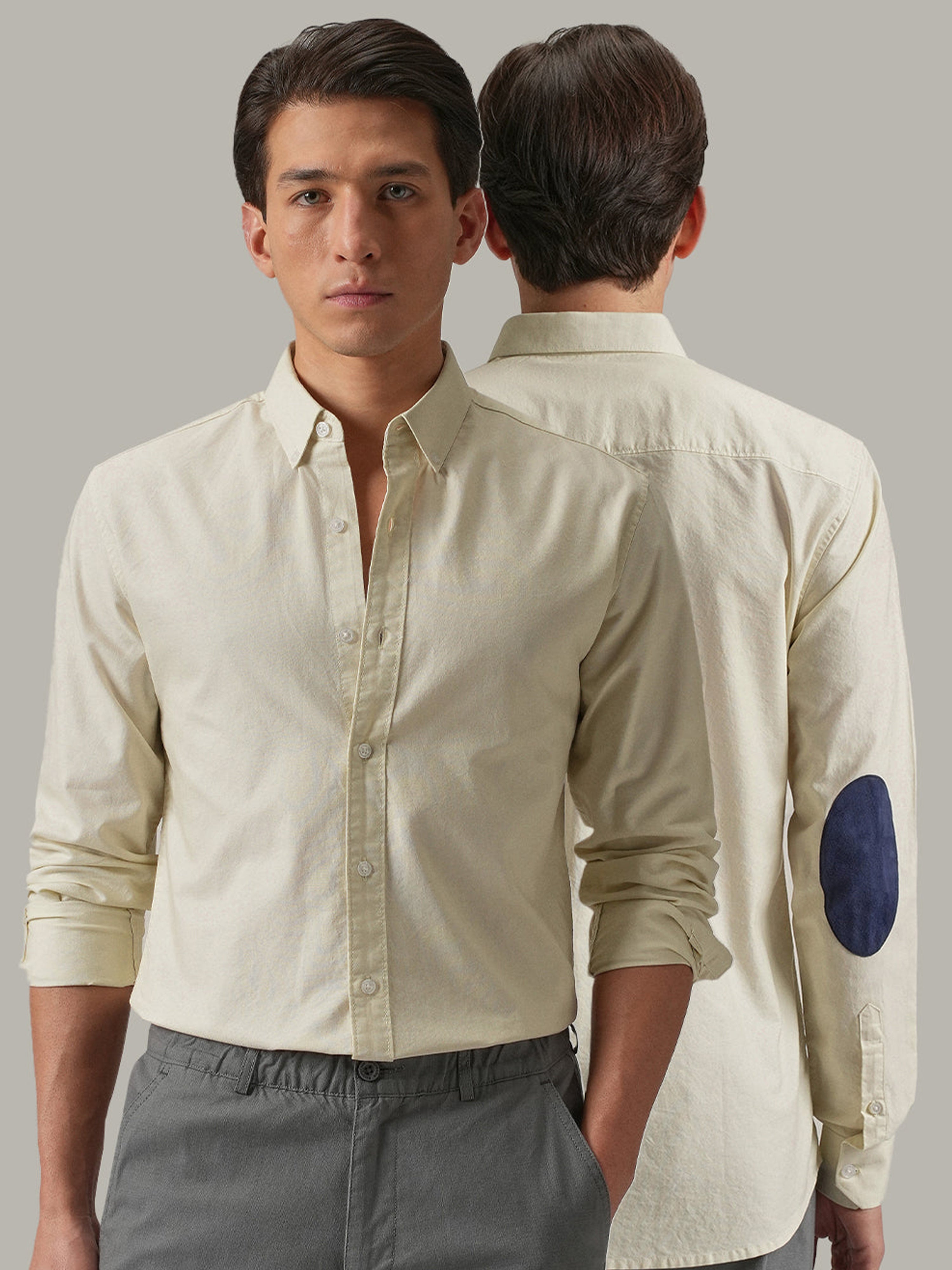 Beige Plain Elbow Patch Shirt