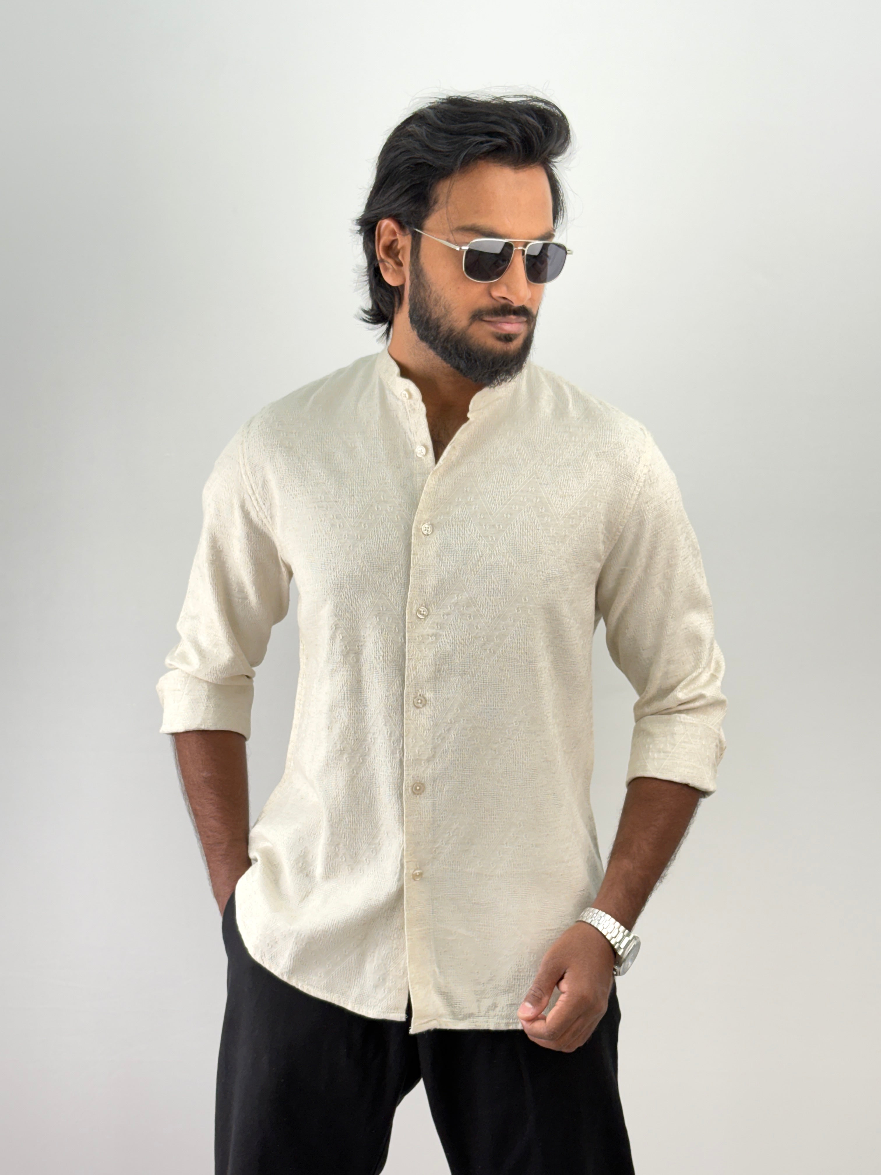 Beige Mandarin Self Textured Shirt 1
