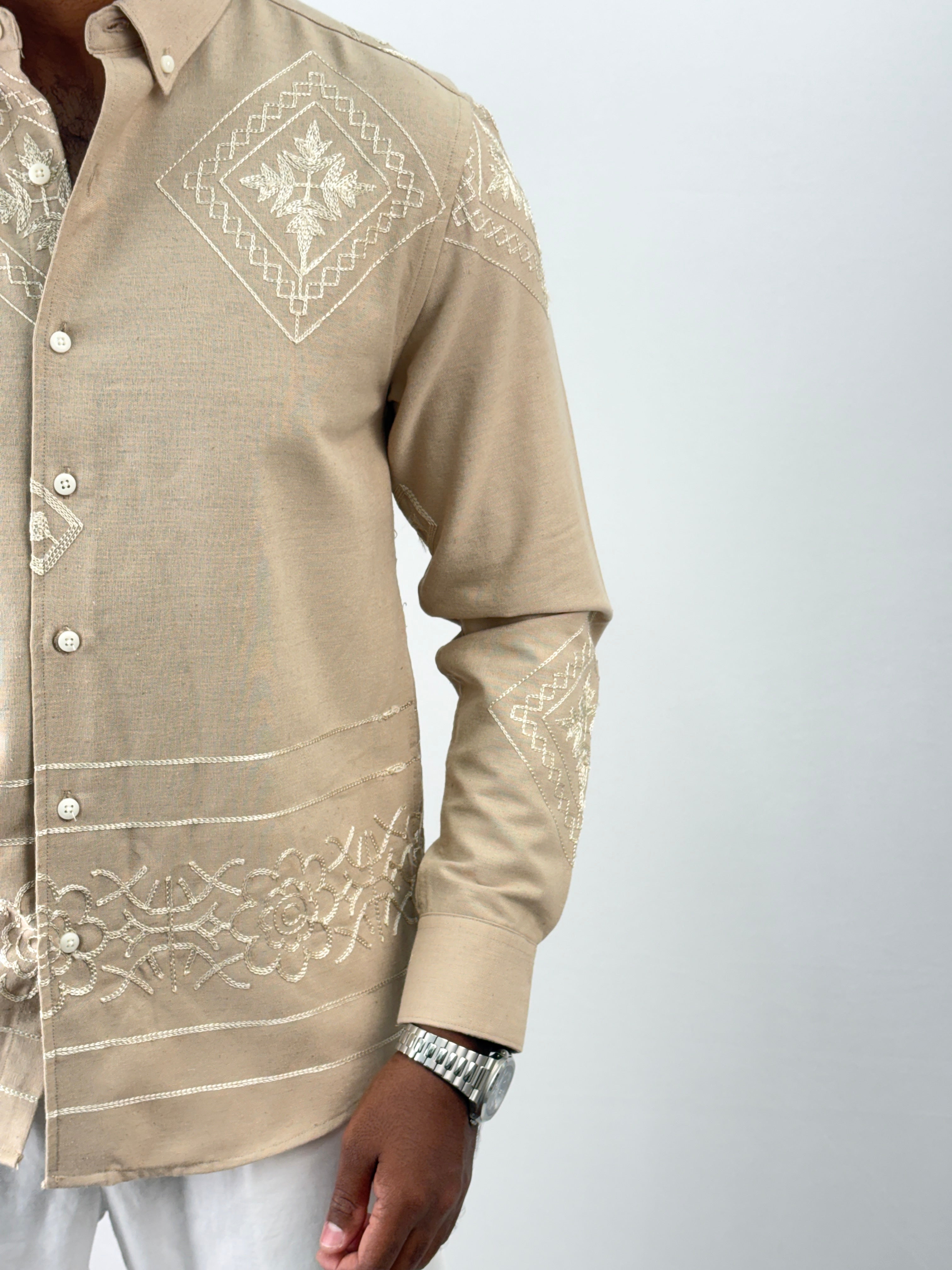 Beige Linen Embroidery Shirt 1