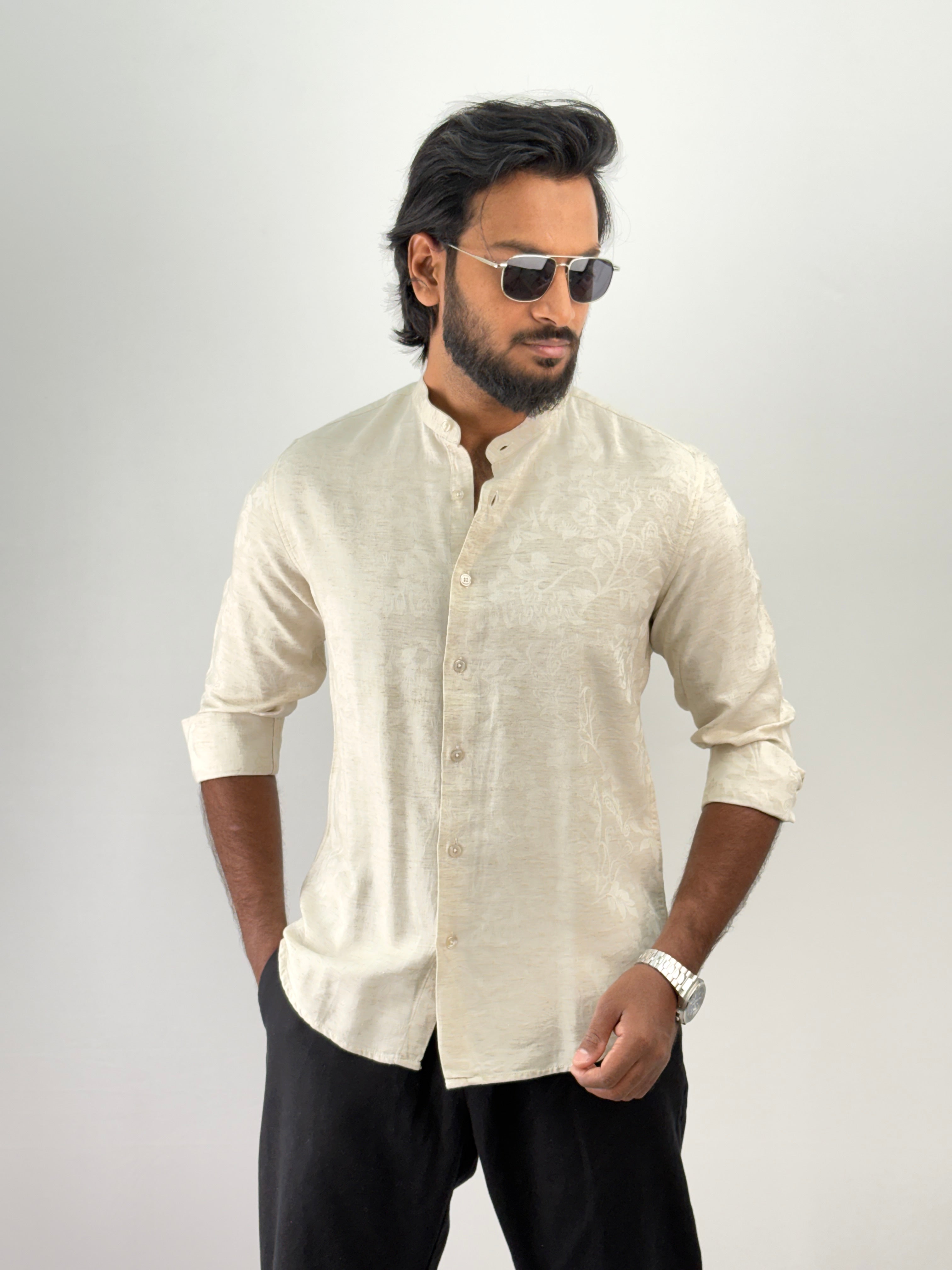 Beige Mandarin Self Textured Shirt 2