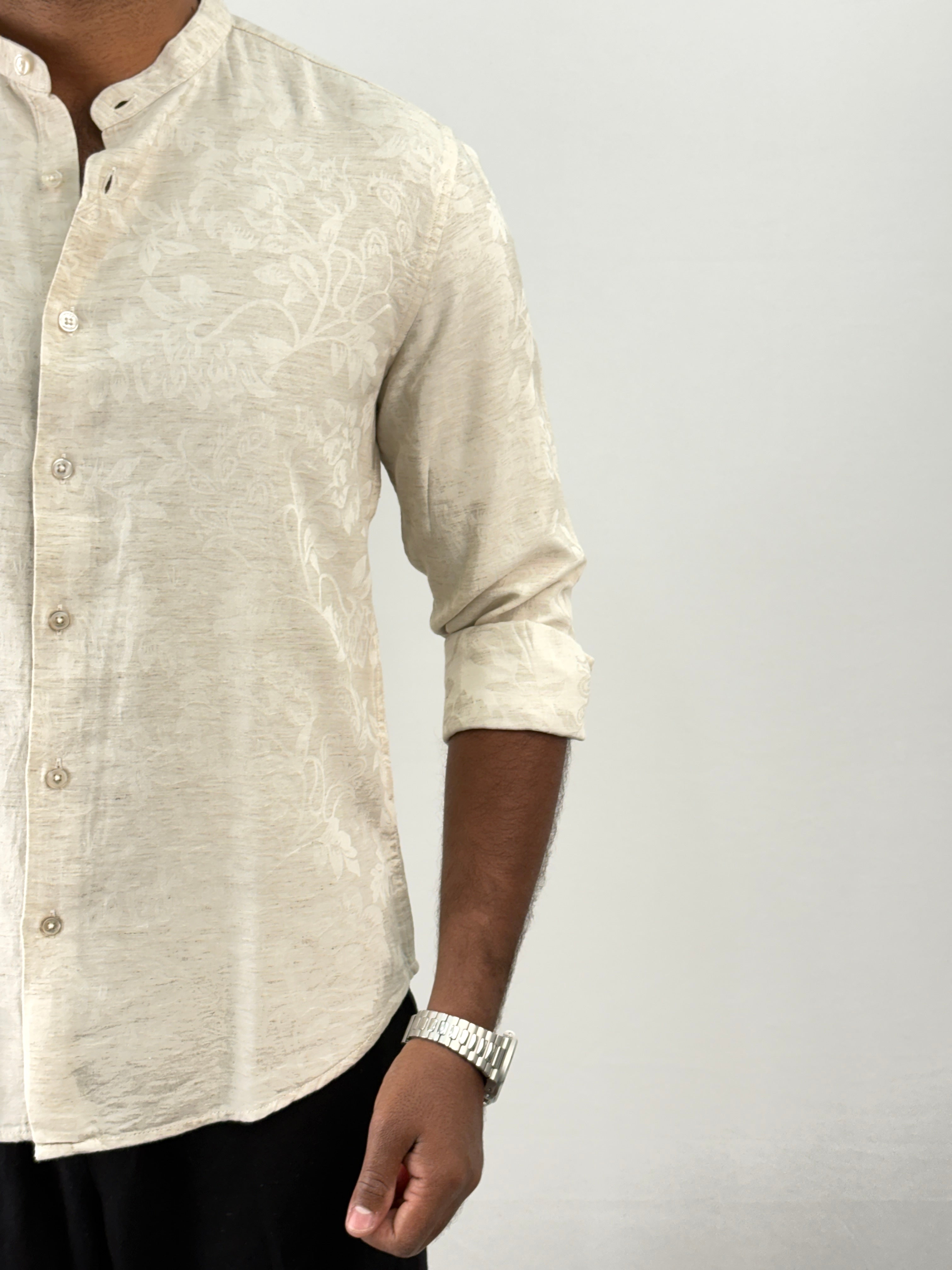 Beige Mandarin Self Textured Shirt 2
