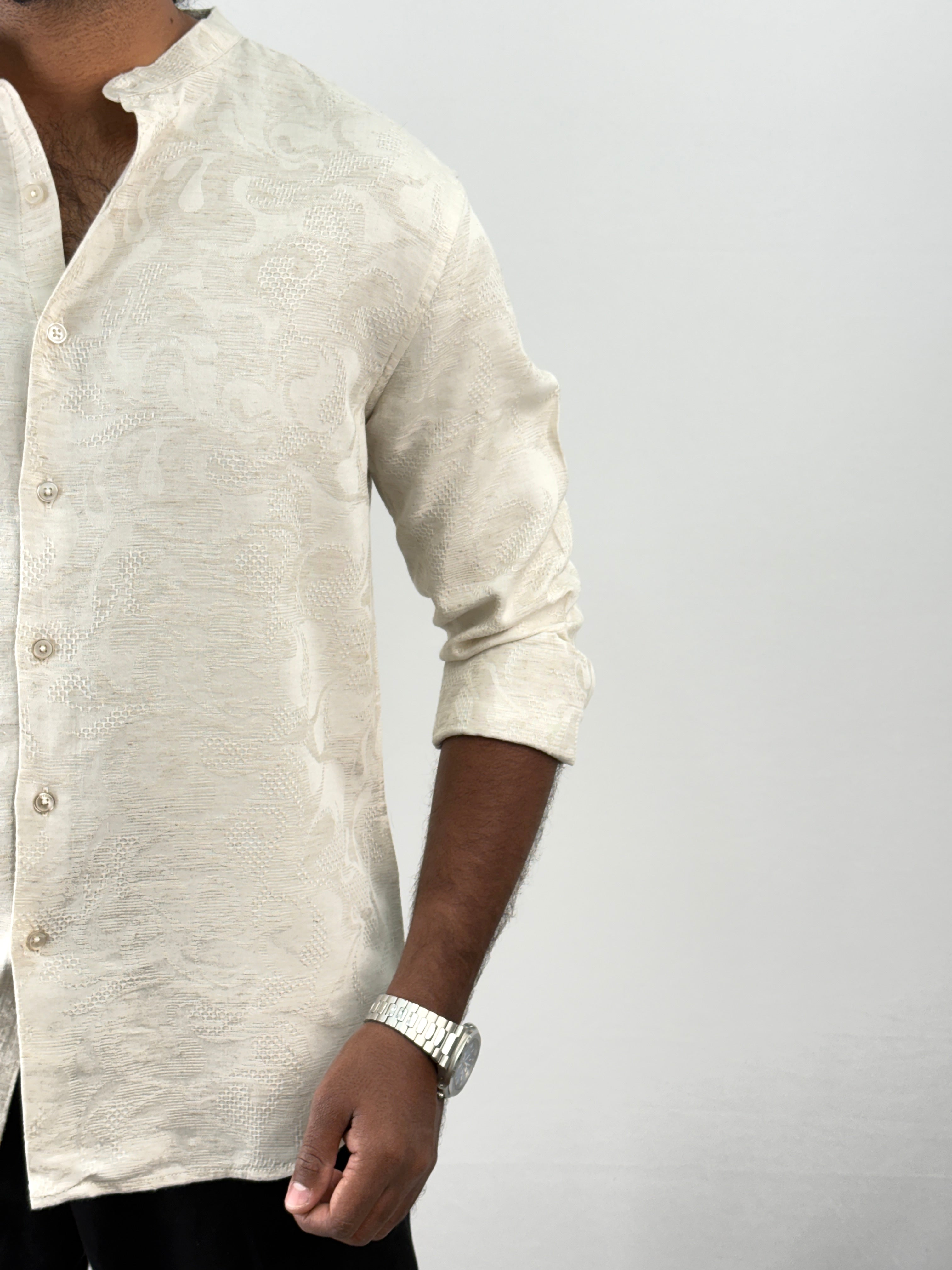 Beige Mandarin Self Textured Shirt 3