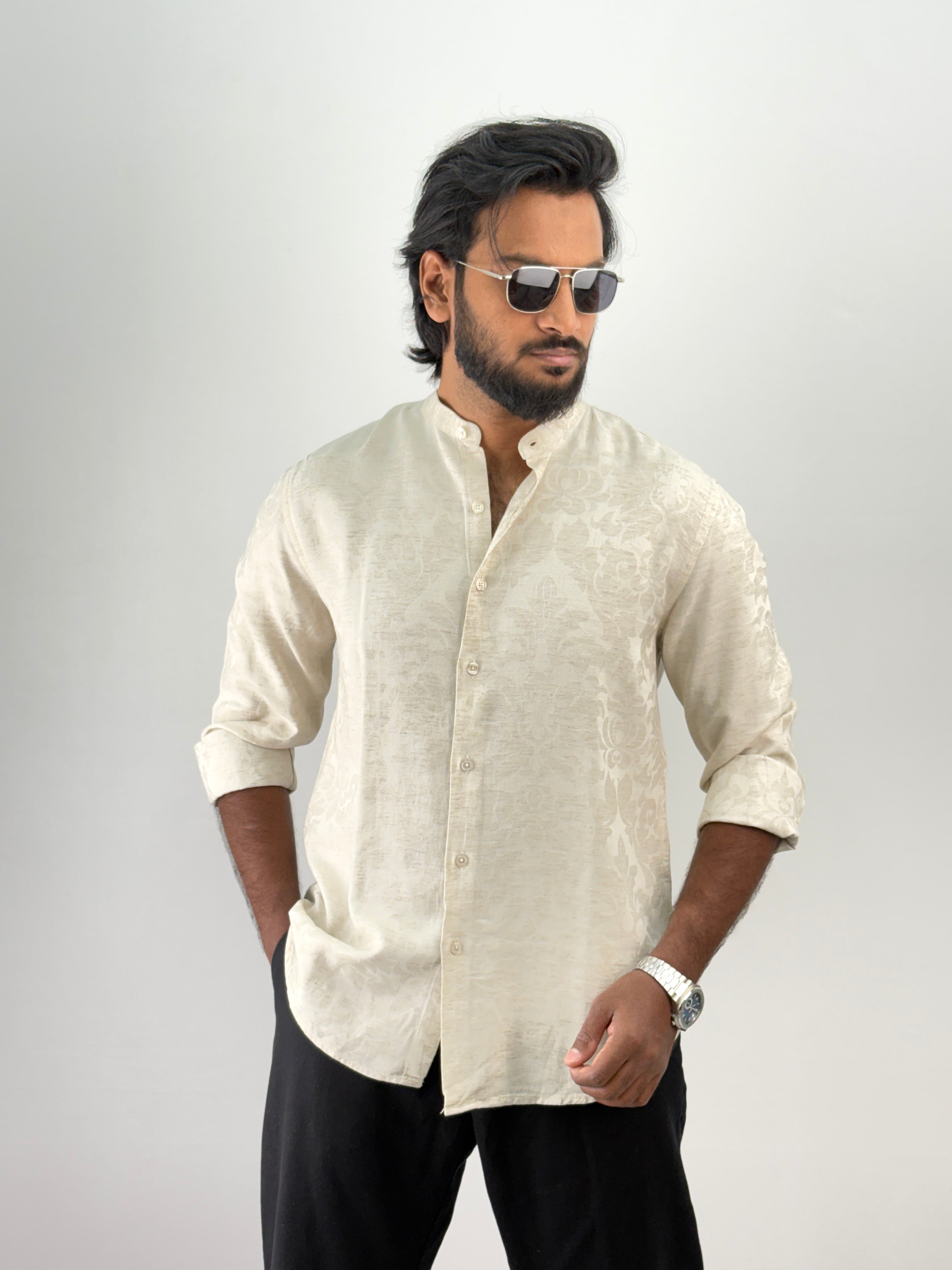 Beige Mandarin Self Textured Shirt 4
