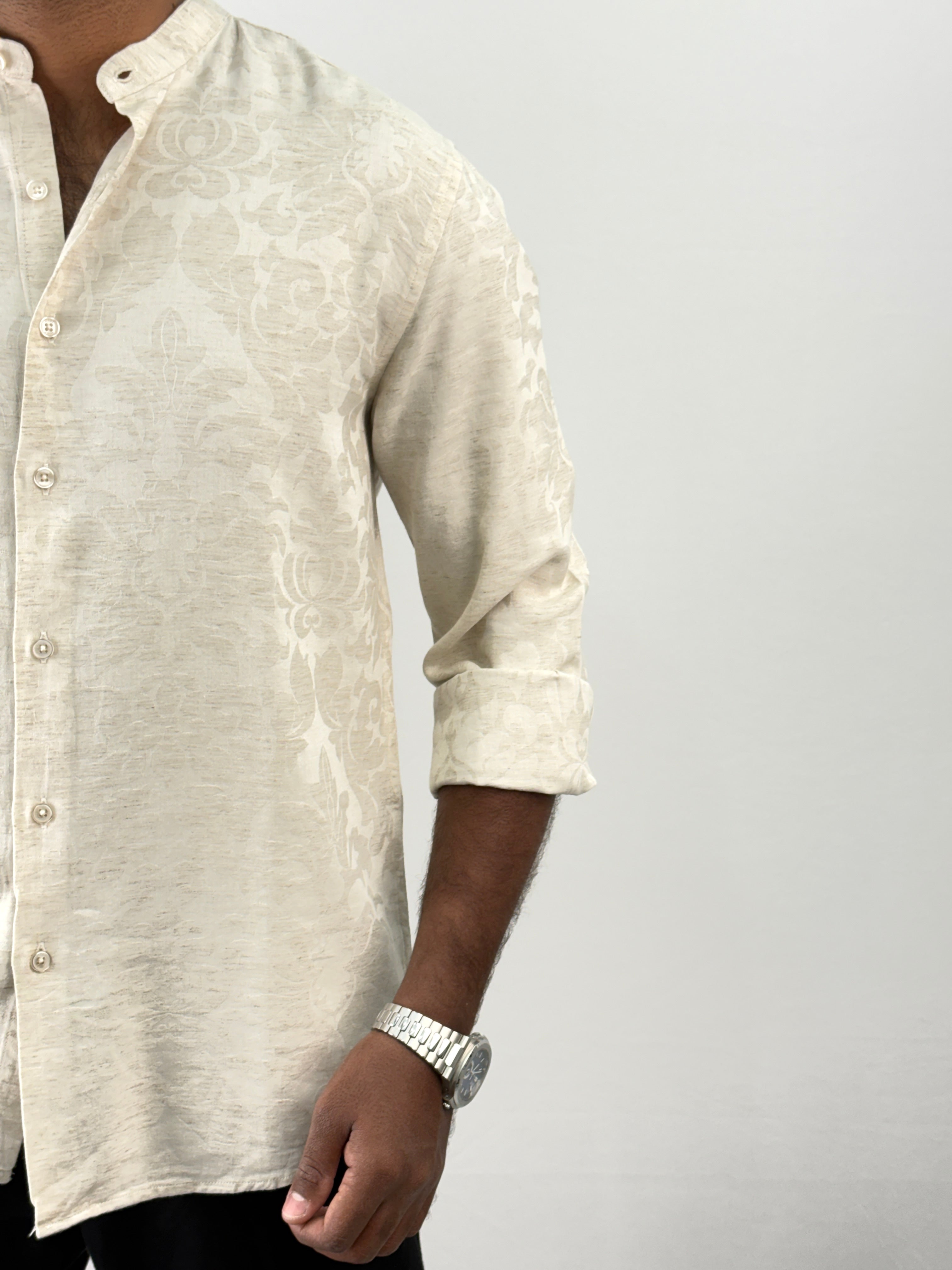 Beige Mandarin Self Textured Shirt 4