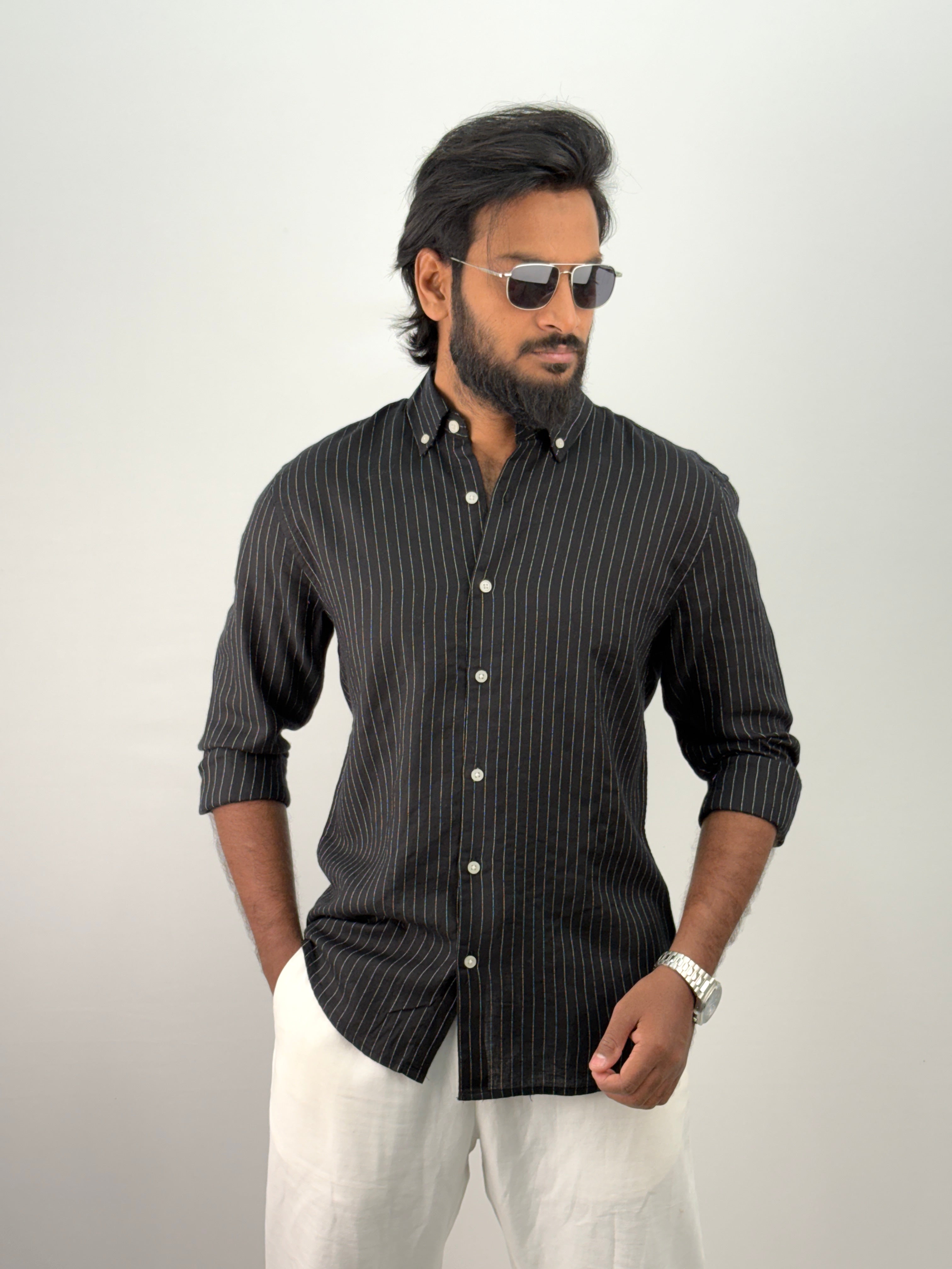 Black Linen Stripe Shirt 1